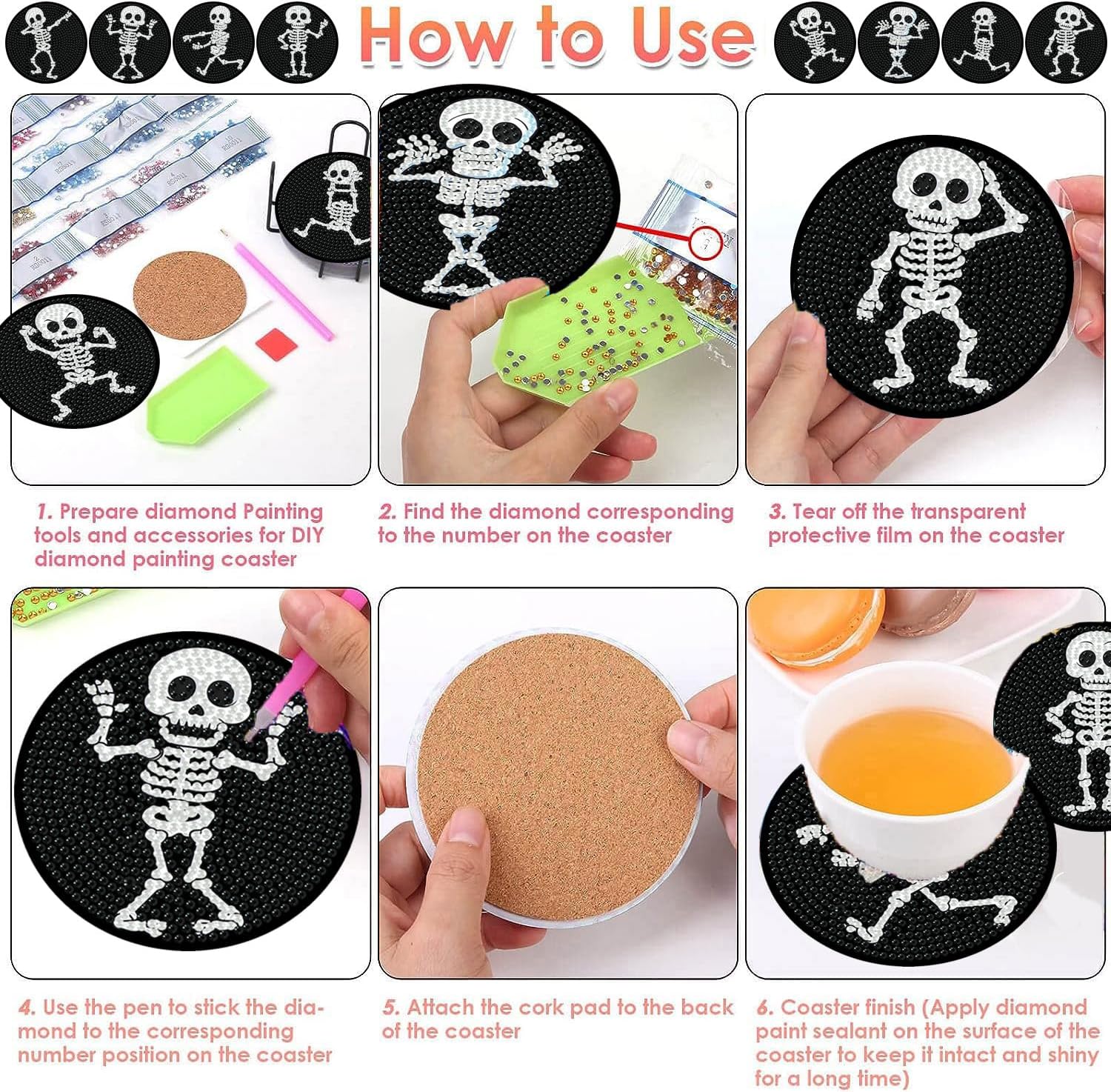 ijbnhd 8 PCS Skull Diamond Art Coasters 4X4inch (Cork Wooden Pad) image 5