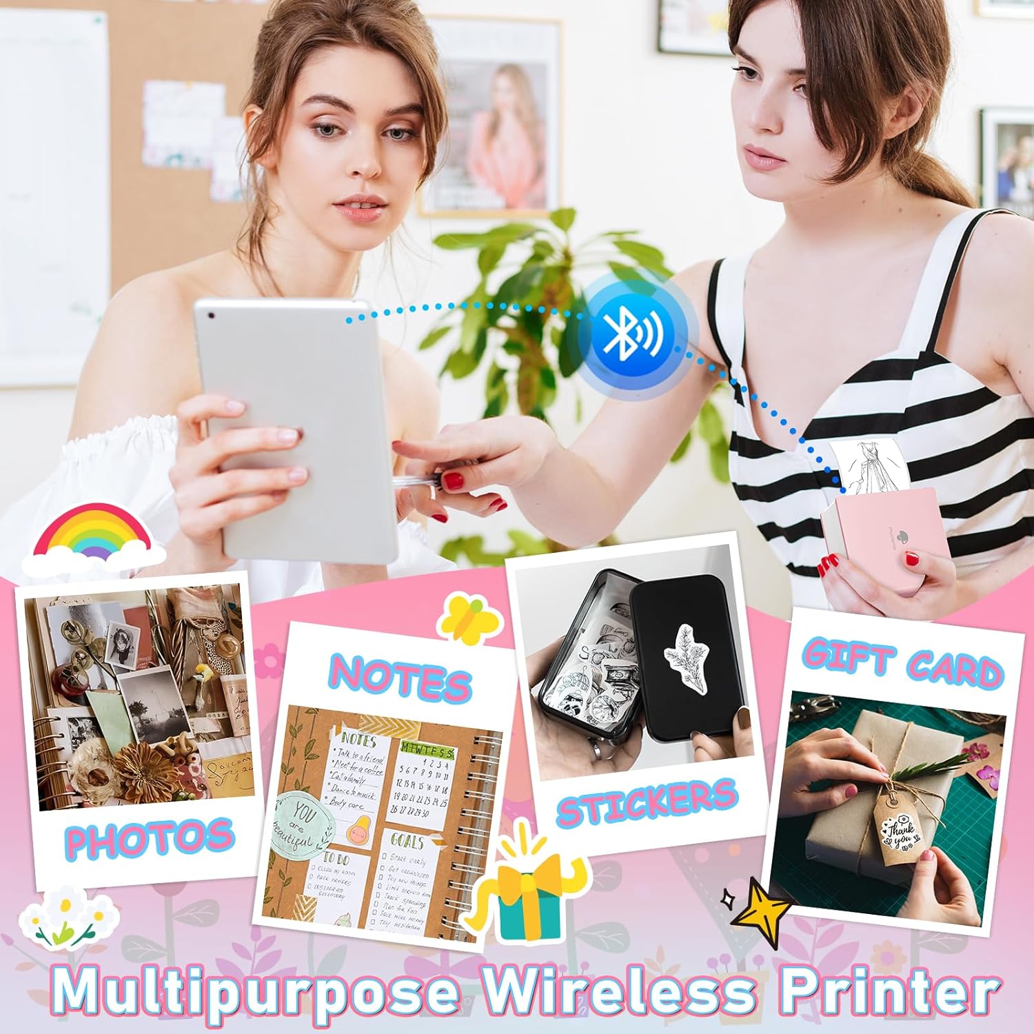 Phomemo Sticker Printer- Mini Thermal Sticker Printer Machine, Small Pocket Label Maker Instant Print for DIY Creation, Study Notes, Photos, Portable Inkless Photo Maker for Kids/Students, Pink