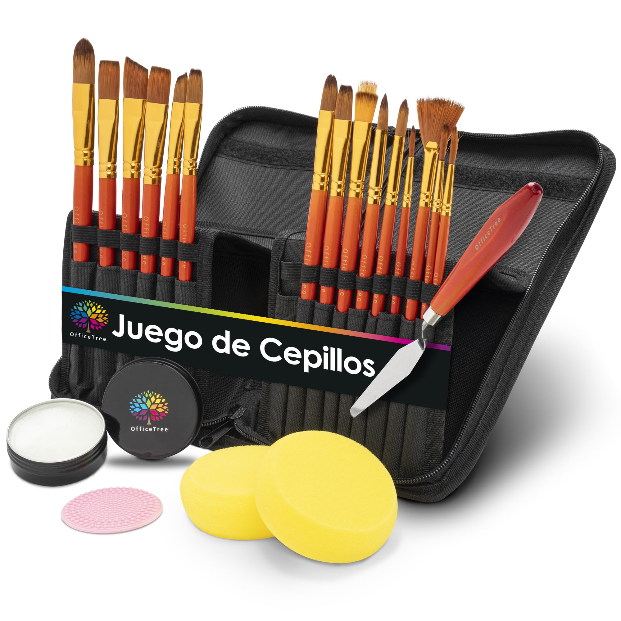 OfficeTree Set Pinceles Acuarela Profesional - 15 Pinceles, Espátula, Esponjas, Jabón para Pinceles - Juego de Pinceles para Pintar - Pinceles Pintura Acrilica - Pinceles Oleo - Pinceles Acuarela