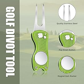 Mile High Life All Metal Foldable Golf Divot Tool with Pop-up Button & Magnetic Ball Marker, Golf Club Holder (Lime Green Fish)