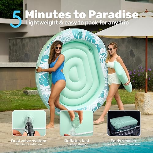 Miniatura 6 de SLOOSH Flotador inflable para piscina de bronceado, flotadores de piscina de 72 x 56 pulgadas para adultos con almohada, flotador redondo 4 en 1,