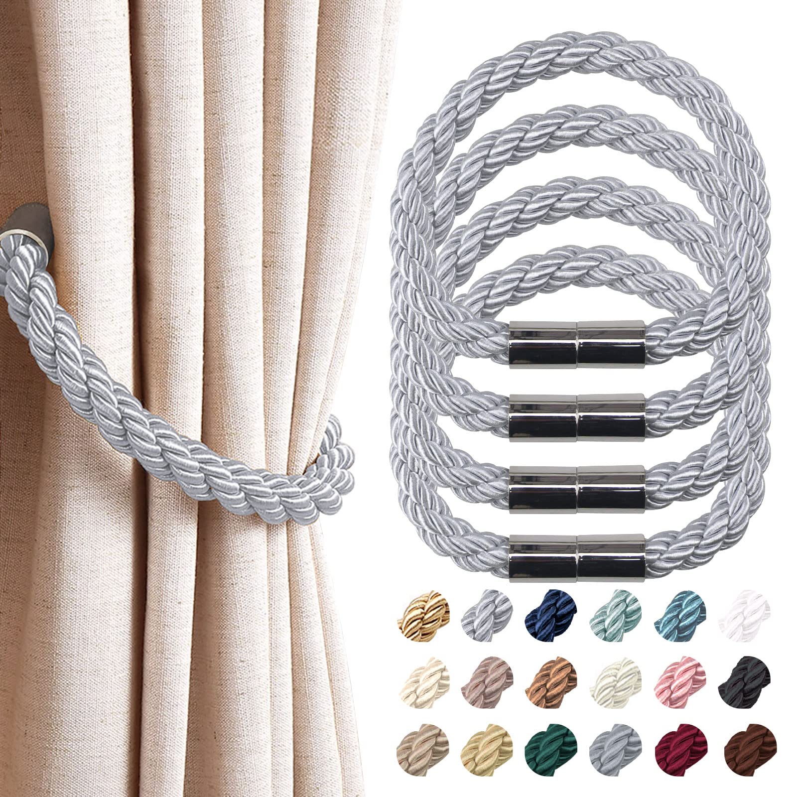 Pretty Jolly4 Pack Strong Magnetic Curtain Tiebacks Modern Simple Style Drape Tie Backs Convenient Decorative Weave Rope Curtain Holdback for Thin or Thick Home & Office Window Drapery (Light Grey)