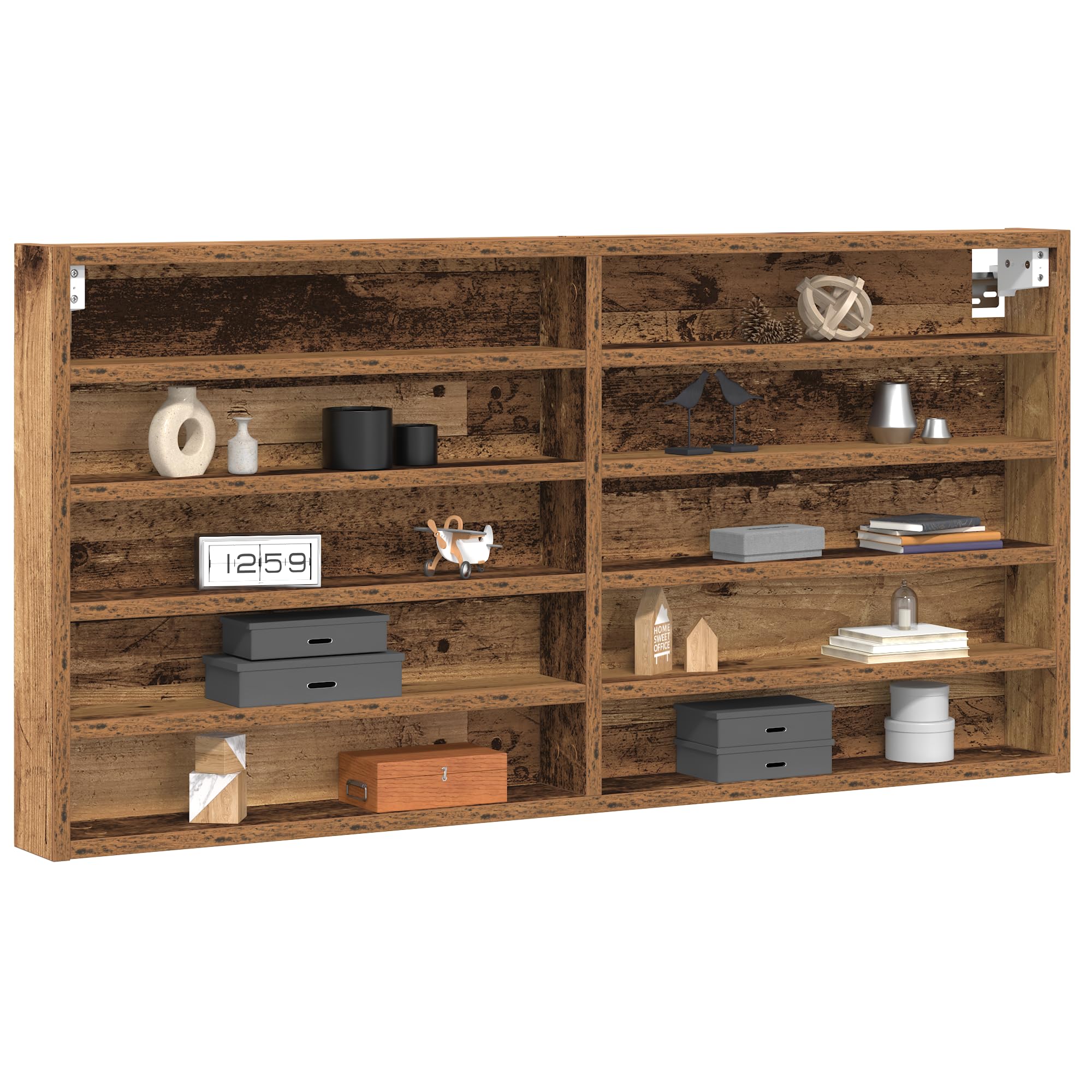 Wandregal aus Massivholz Recyceltes Holz Rustikal Braun 100x8.5x50 cm mit 8 Fächern für Bücher Pflanzen Deko Wohnzimmer Schlafzimmer Büro