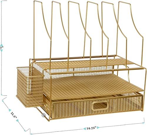 Miniatura 4 de Martha Stewart Ryder - Organizador de escritorio grande de metal de malla dorada con archivador de papel, organizador y cajón