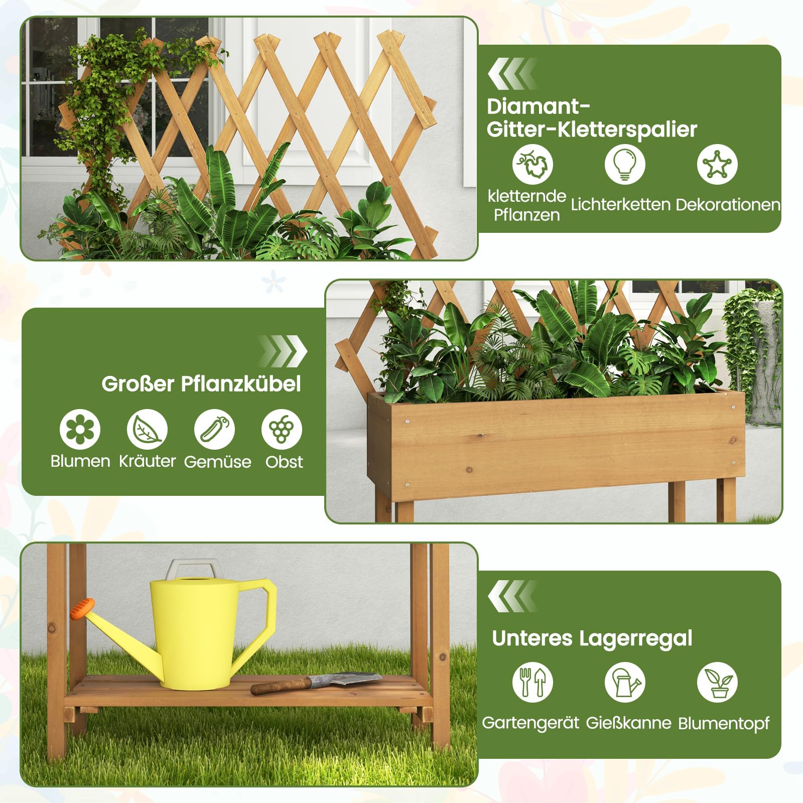 GOPLUS Huerto Urbano con Enrejado y Estante | Jardinera Elevada con Ruedas, Orificios de Drenaje, Macetero Exterior para Patio Jardín Balcón, 90 x 29 x 129 cm