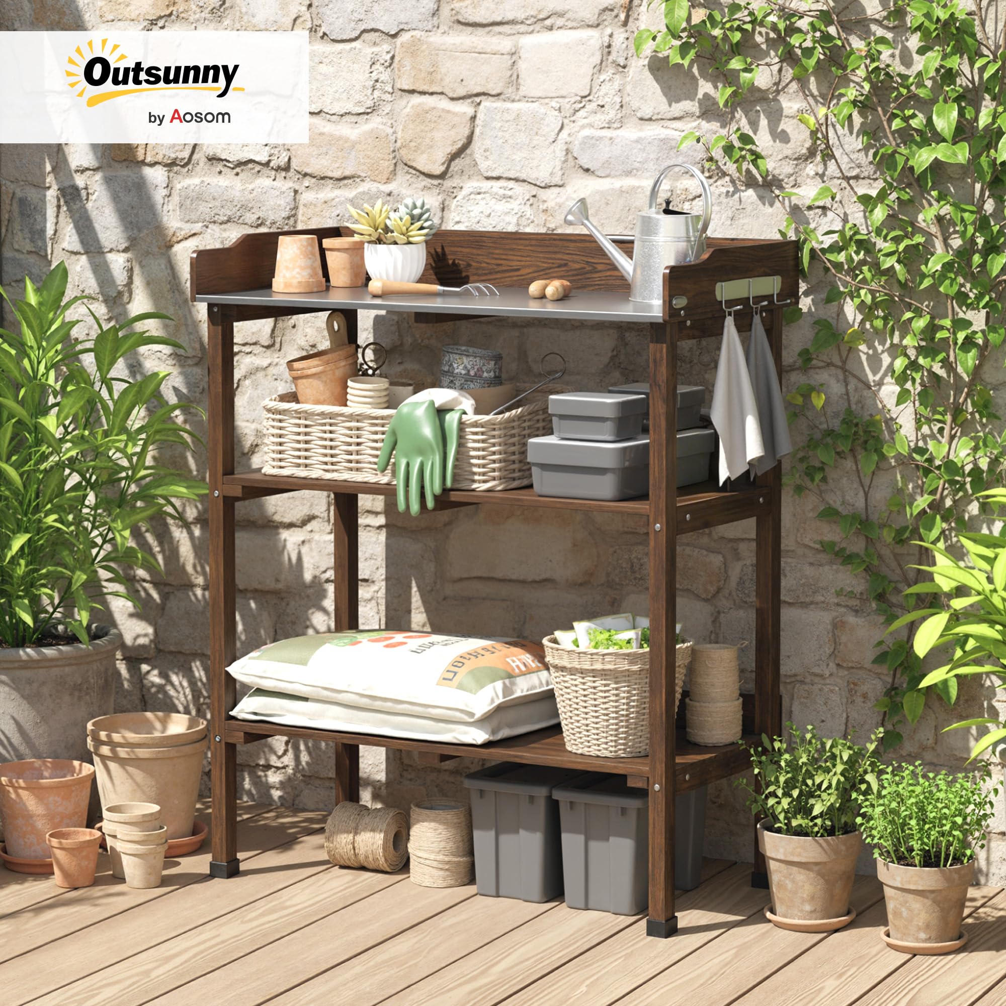 Outsunny Mesa de Plantación de Madera de 3 Niveles, Mesa de Jardinería con Placa Metálica, 2 Estantes y Ganchos, Resistente a la Intemperie, para Jardín, Terraza, Balcón, 76x37x89 cm, Carbonizado