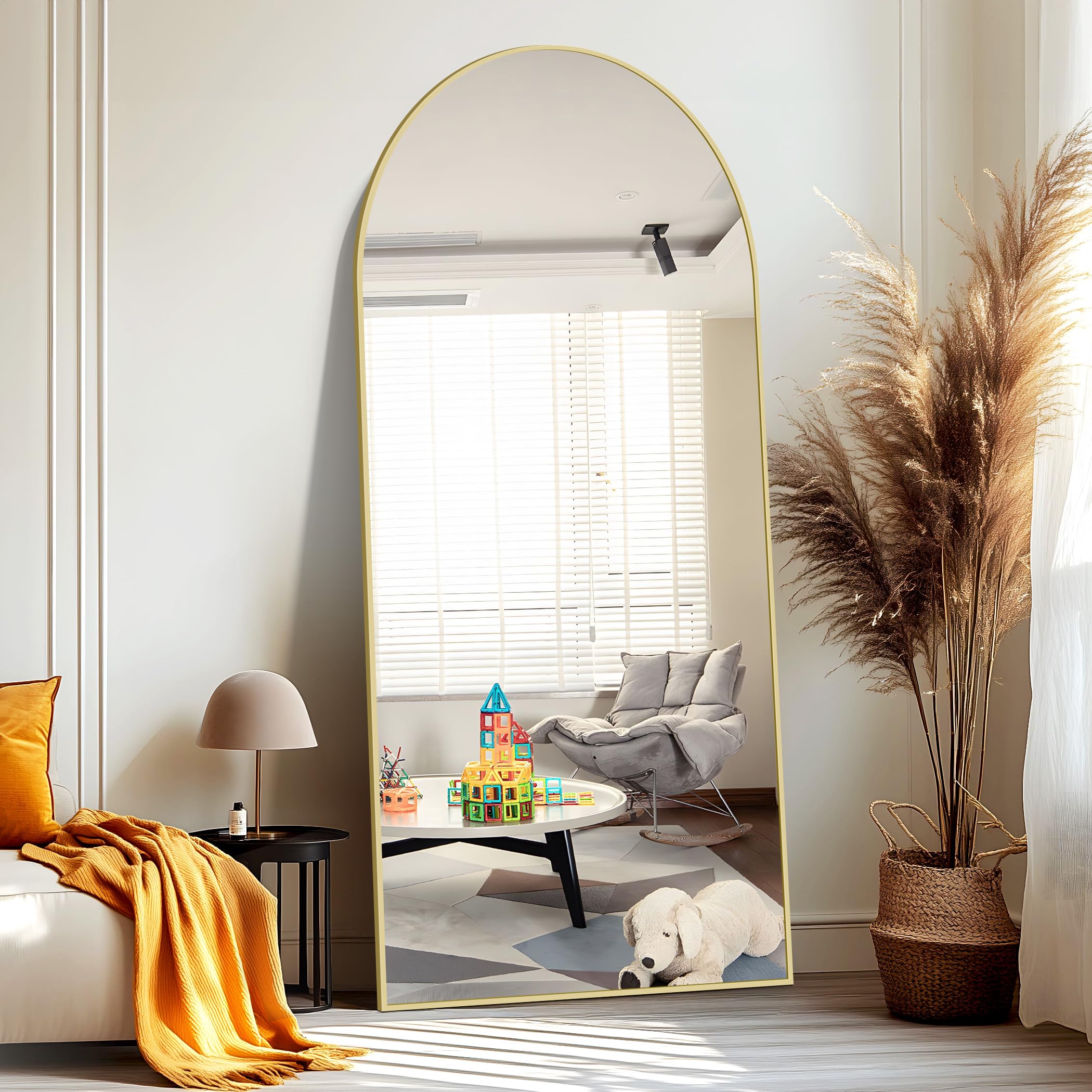 NASSYOU Specchio da Terra, 192 x 85 cm Specchio ad Arco con Cornice in Alluminio Oro per Bagno, Camera da Letto, Ingresso e Corridoio