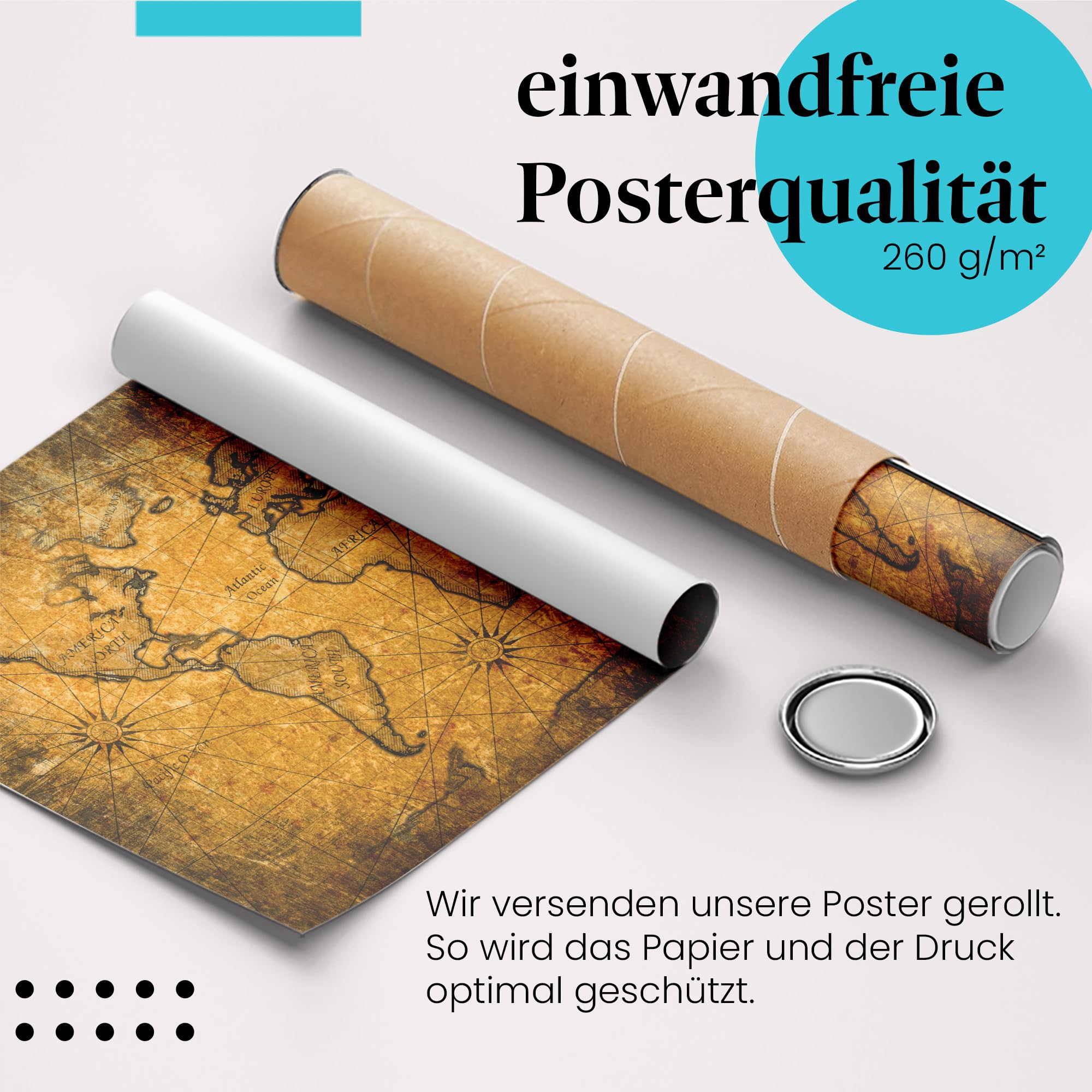 Postereck - 2077 - Alte Weltkarte, Kontinente Geografie Weltmeere - Unterricht Klassenzimmer Schule Wandposter Fotoposter Bilder Wandbild Wandbilder - Leinwand - 100,0 cm x 75,0 cm