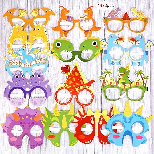 Miniatura 7 de HOWAF 28 lentes de dinosaurio para recuerdos de fiesta de dinosaurios, anteojos de papel de dinosaurio para niños, accesorios de fotos, marco de