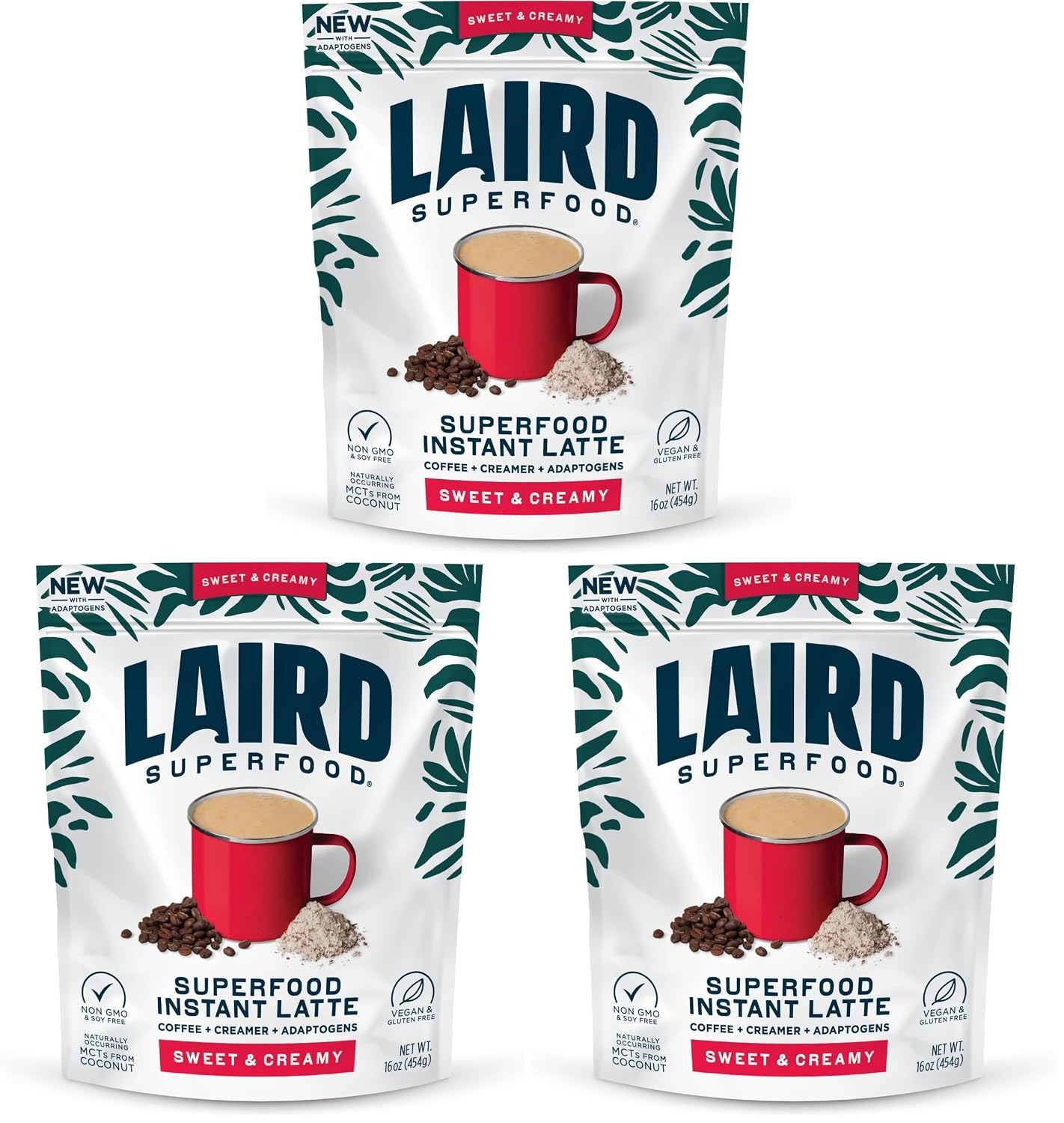 Laird Superfood Instant Latte Sweet & Creamy, Non-Dairy, Superfood Creamer, Gluten Free, Non-GMO, Vegan, 16 oz. Bag, Pack of 3