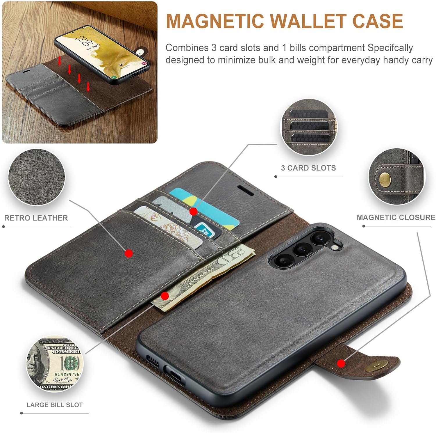 Asuwish Phone Case for Samsung Galaxy S23 5G Wallet Magnetic Detachable Cell Cover with Tempered Glass Screen Protector Flip Card Holder Slot S 23 23S GS23 G5 SM-S911U 6.1 inch Women Men Girls Gray