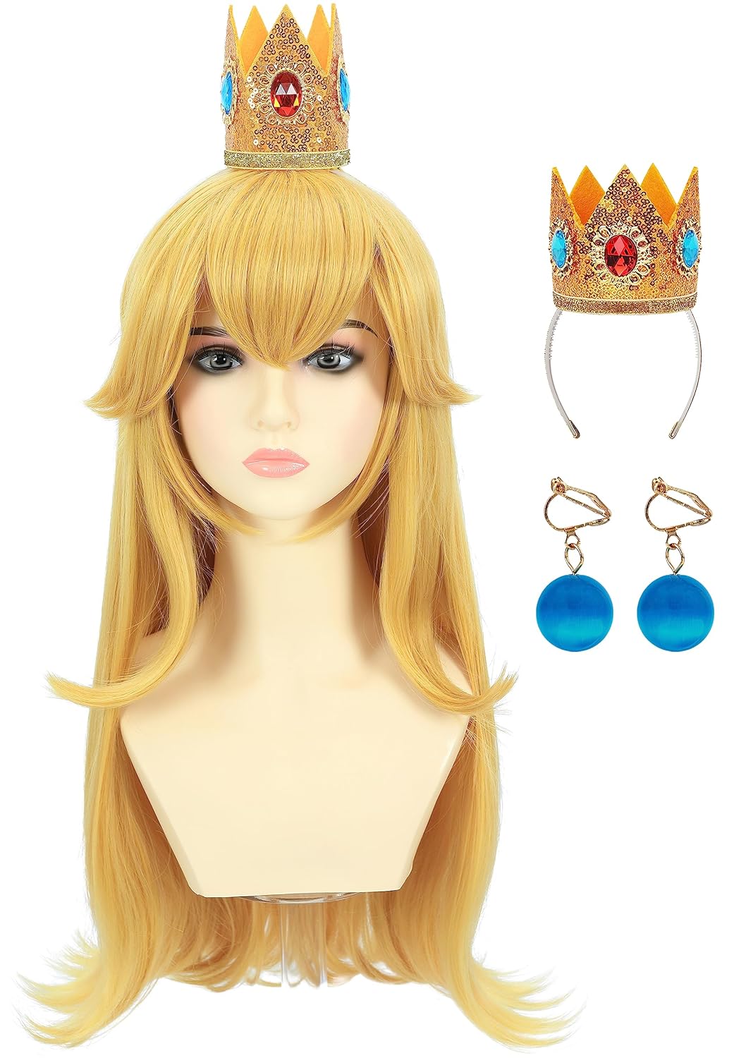 morvally Blonde Princess Synthetic Hair Cosplay Wig with Crown and Earrings Long Wavy Costume Wig Set for Girls Halloween Party Kids