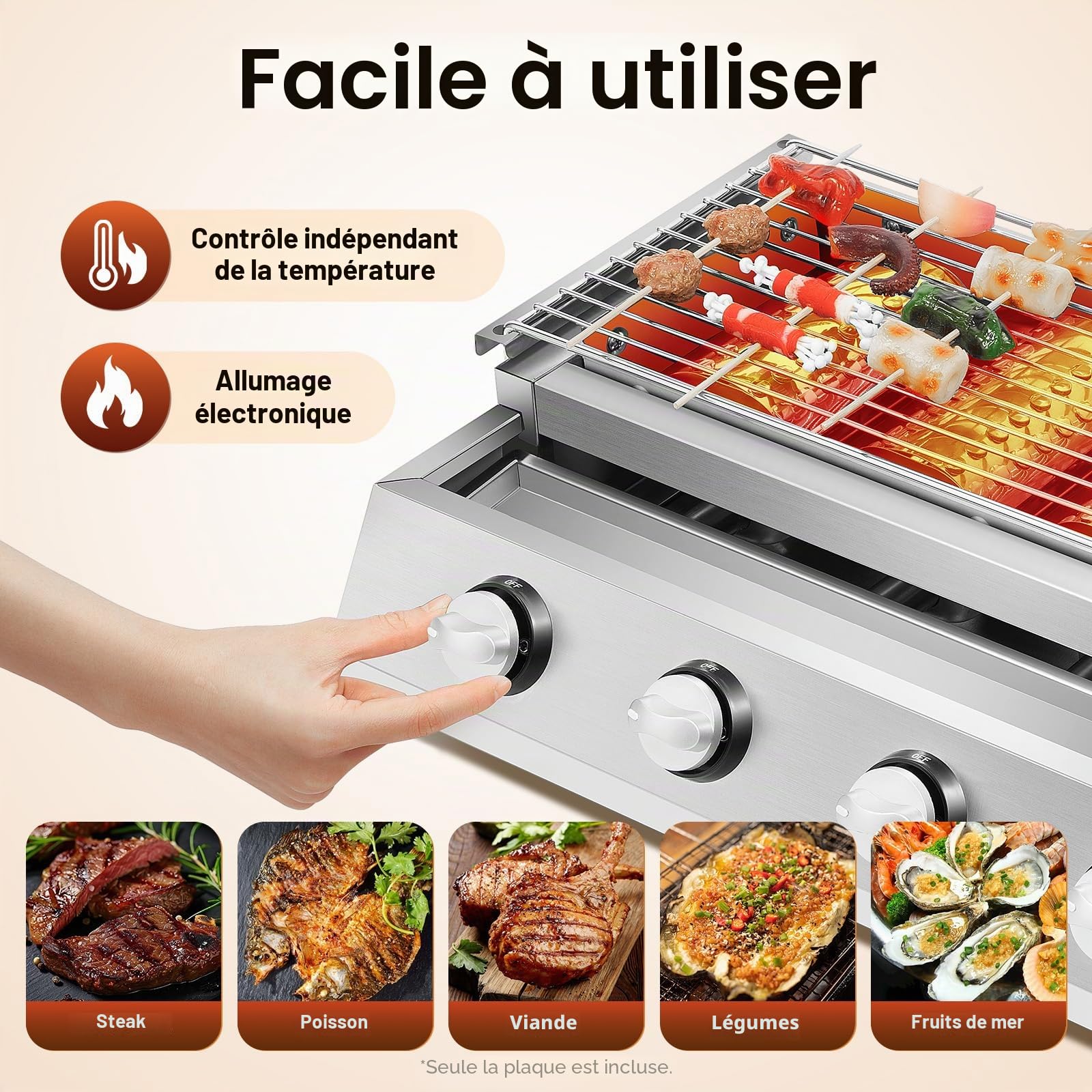 Barbecue à gaz en acier inoxydable - 4 brûleurs - Barbecue de table - Barbecue à gaz GPL - Barbecue amovible - Pour camping, balcon, jardin - Argenté