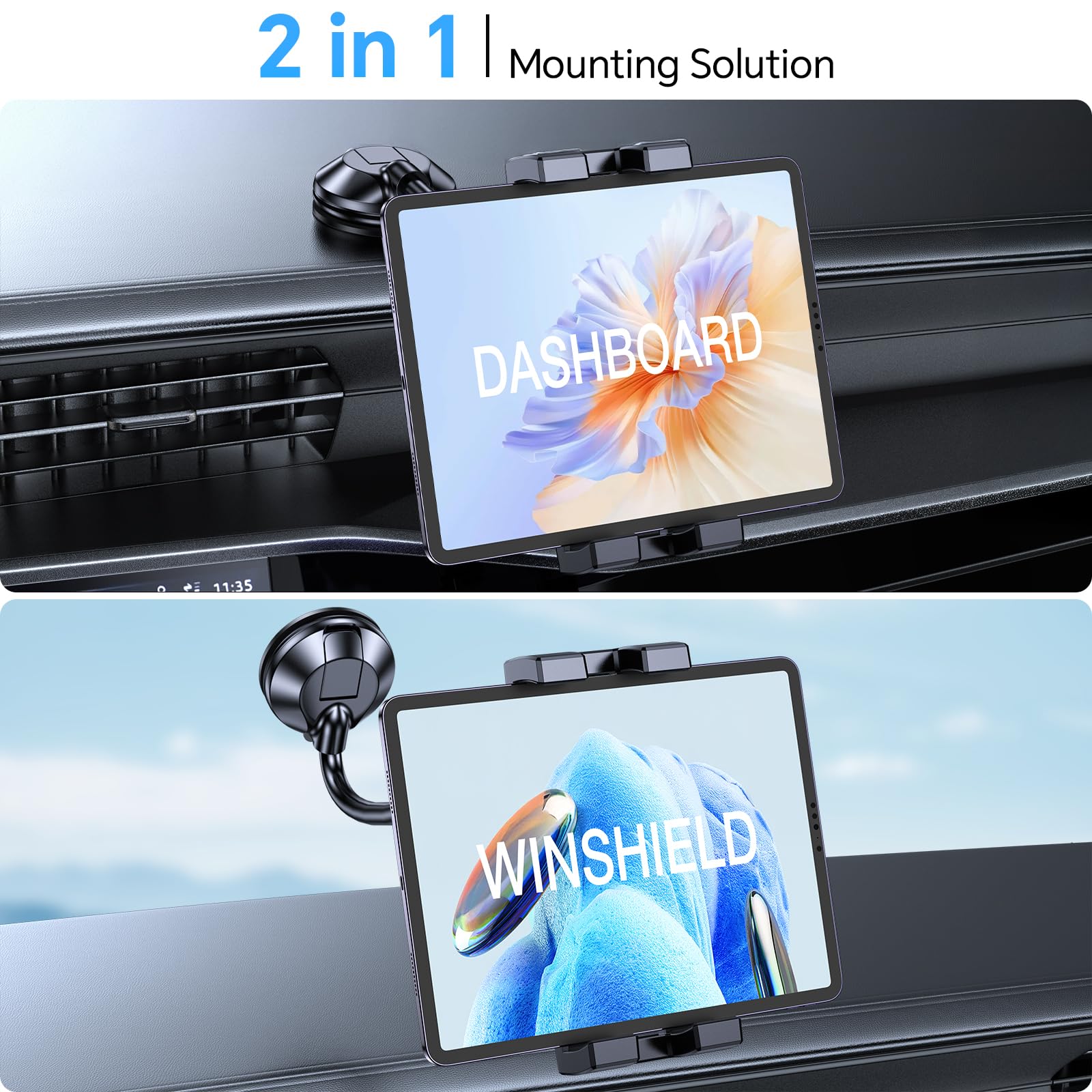 Coolpow Support Tablette Voiture Col de Cygne Flexible, Porte iPad Camion Tableau de Bord/Pare Brise 360 degrés avec Bras Fixation Ventouse pour iPad Pro Air Mini, Galaxy, Huawei, iPhone, 4.7-12,9"