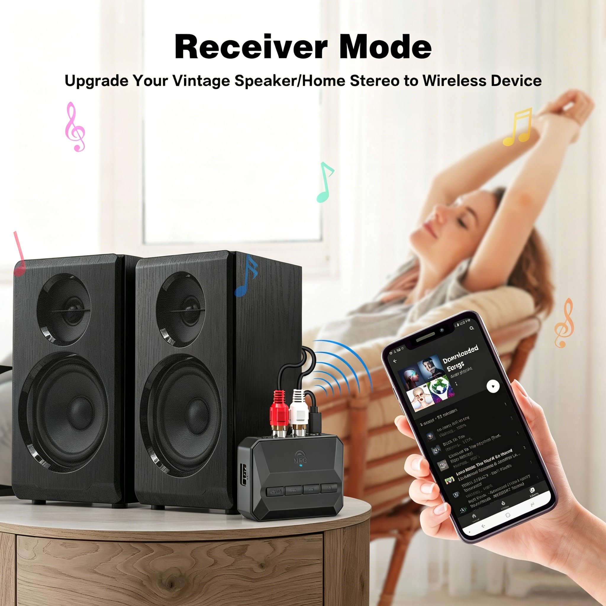 Receptor Bluetooth, adaptador de audio inalámbrico con Bluetooth 5.3 | Salida de tarjeta TF/RCA habilitada para NFC/3.5 mm AUX USB/TF, control de volumen/pista para altavoces estéreo domésticos