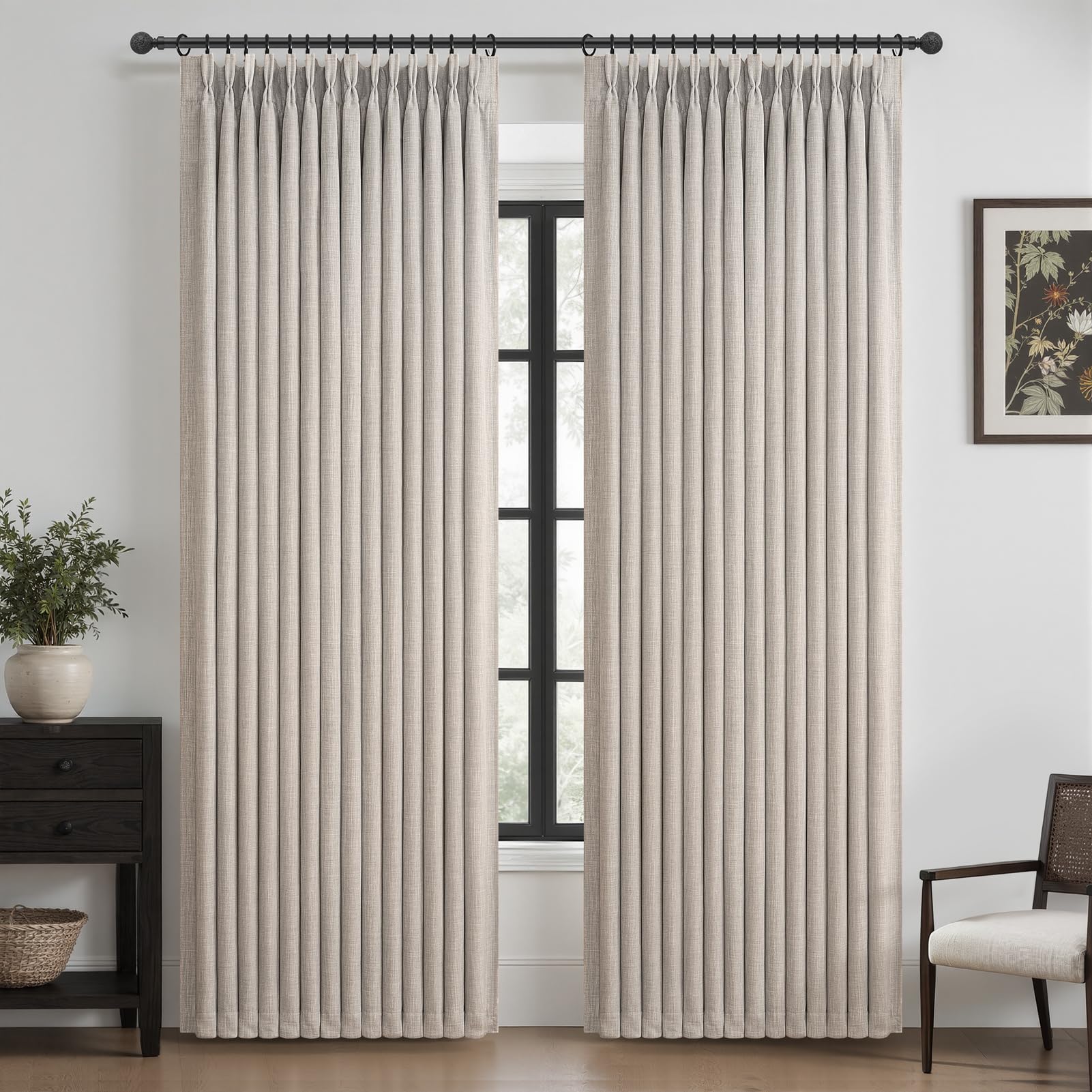 Pinch Pleated Blackout Greyish Beige Curtains 90 Inches Long 2 Panels Set for Sliding Glass Doors, Memory Trained Dual Layer Linen Soundproof Heat Blocking Taupe Rustic Windows Drapes for Living Room — image 1