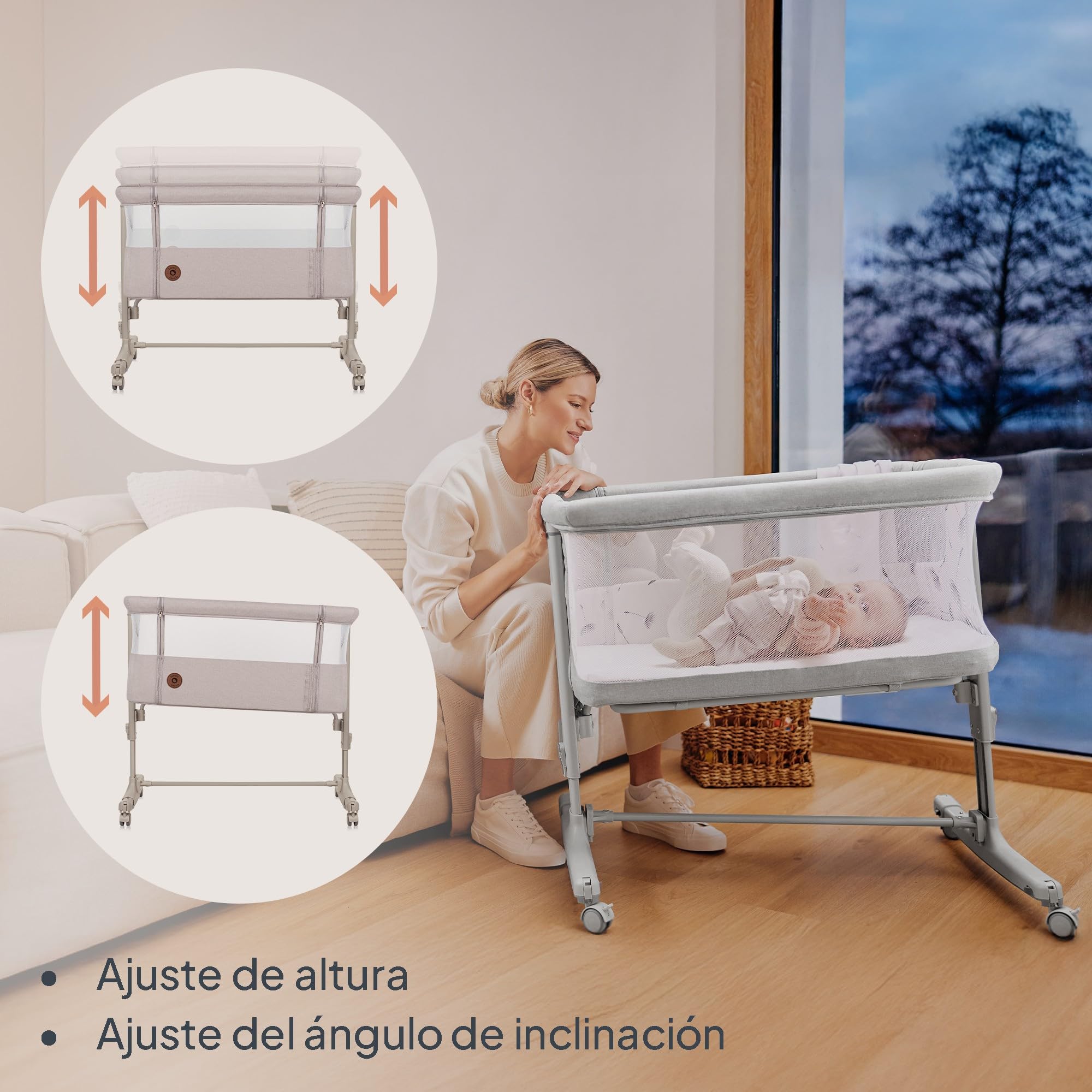 lionelo Aurora Cuna 3 en 1 hasta 9 kg, Cuna de colecho, Cama Mecedora, Ajuste de Altura e inclinación del colchón, 4 Ruedas con Freno, Colchón Ergonómico, Bolsa