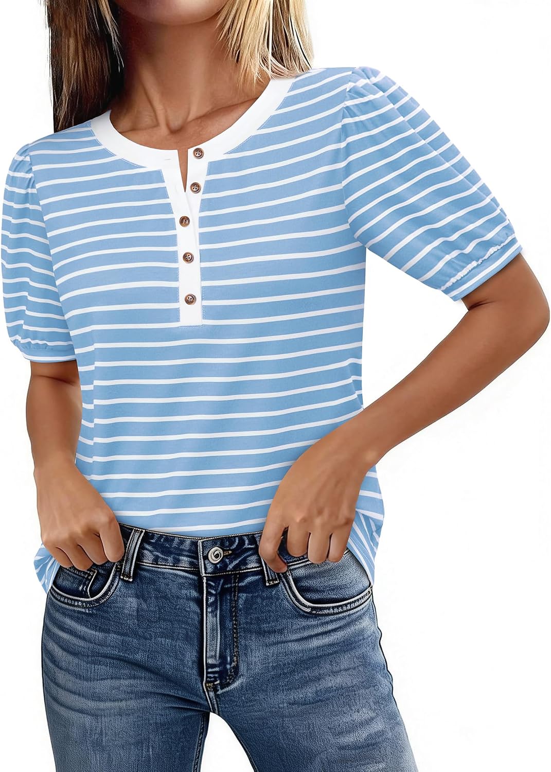 Uhiger Striped Shirt Women Puff Short Sleeve Button Up Henley Tops V Neck Blouses Dressy Casual Summer Outfits