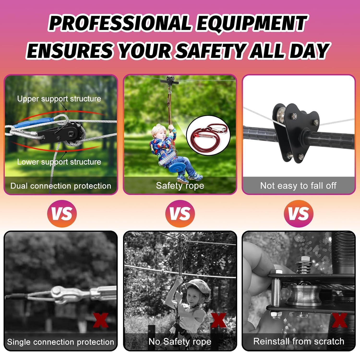 Zip line Kit for Kid and Adults,Zip line Up to 400lbs,Special Retractors and Disc Seats,Zipline Kit for Backyard,Playground Entertainment (160ft)