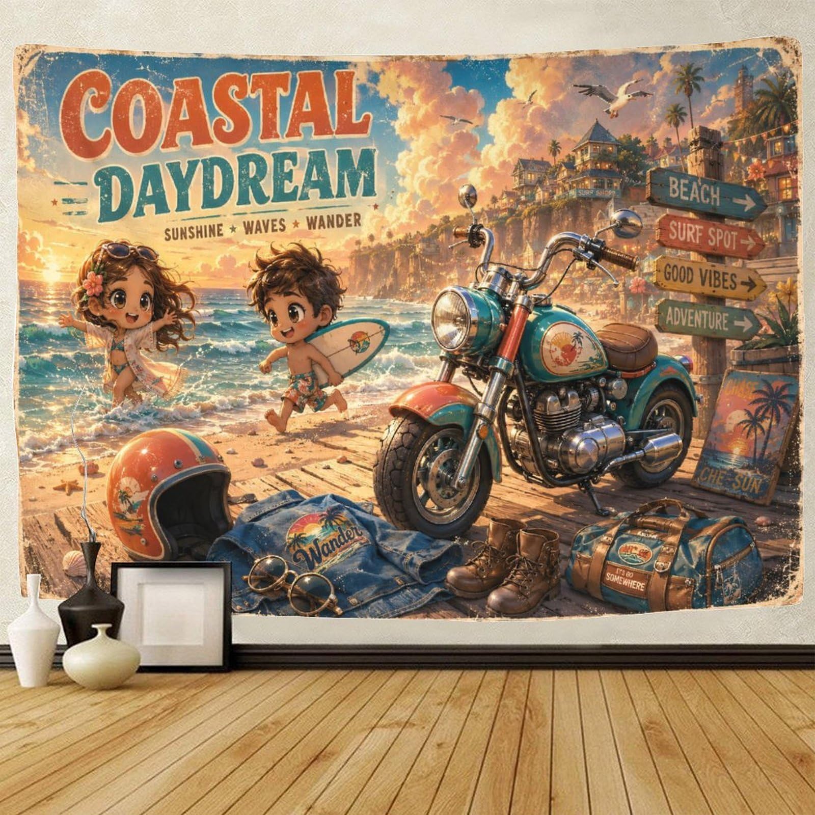GPMNBCXZK Chibi Motorcycles And Beaches 3D Print Tapestry Wall Art Decor Wall Hanging Decor Tapestries Home Decoration Curtain Bedroom Living Room 130cmx150cm
