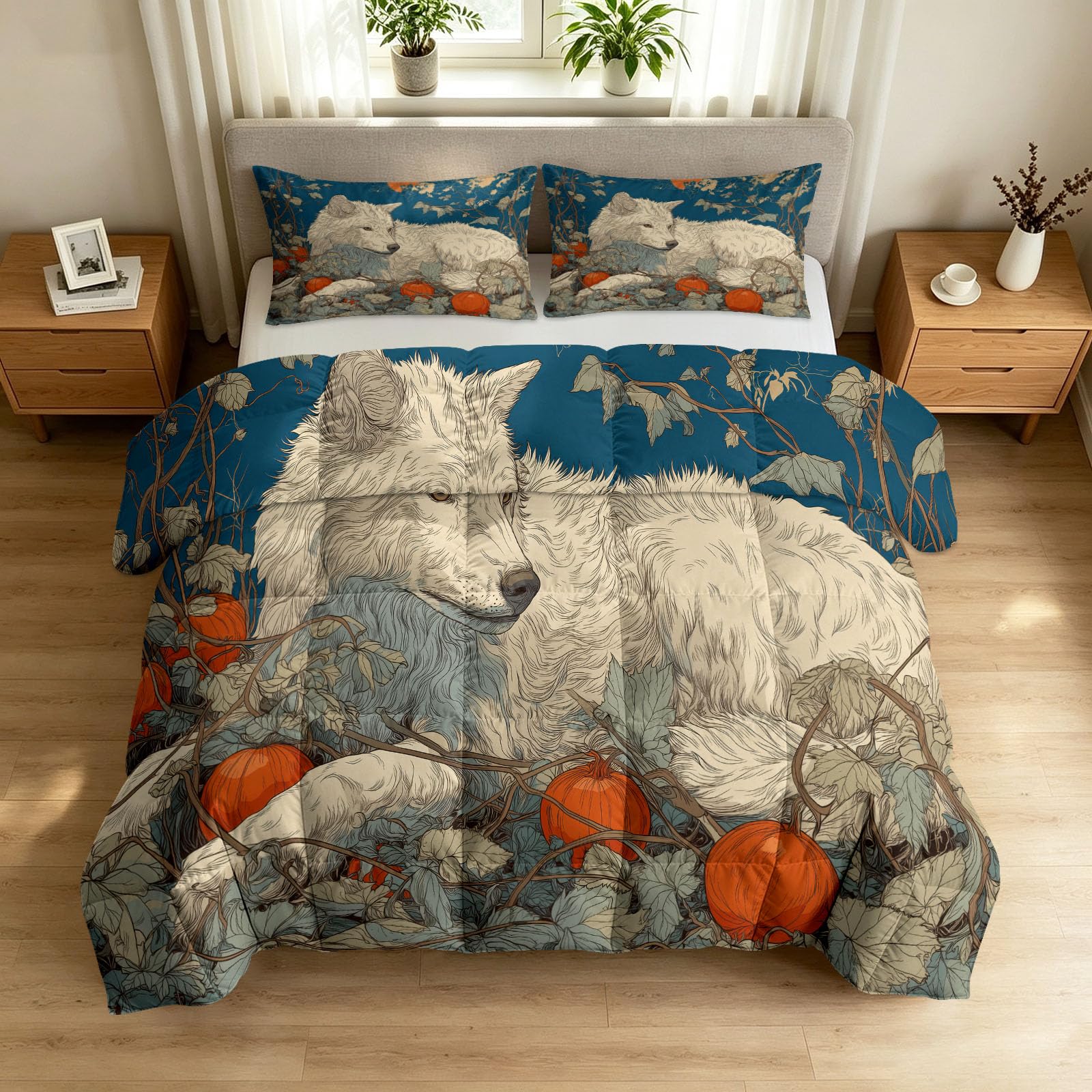 Dżungla wilk białe pnącza kołdra z nadrukiem 140 x 200 cm 4 pory roku | Halloweenowa kołdra z 2 poszewkami na poduszki, oddychający koc, super miękki zmywalny, do łóżka pojedynczego