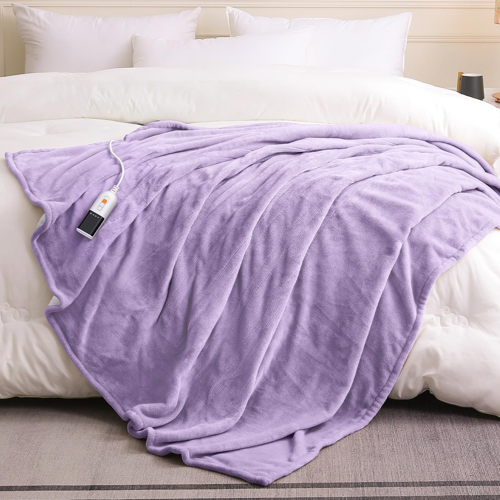 HOMLYNS Coperta riscaldata, 9 impostazioni di calore, timer 10 ore, viola | 200 × 150 cm, certificato UKCA, morbida flanella sherpa, costruita per divano, letto e ufficio, corda da 220 cm