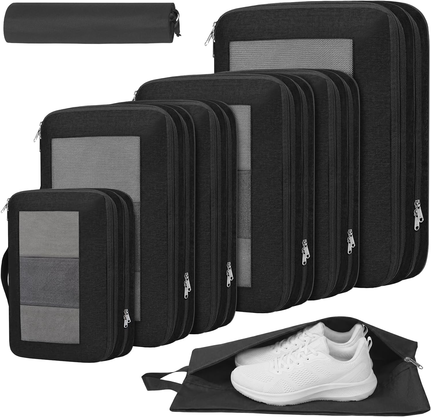 8 Set Compression Packing Cubes for Suitcases, Full Open & Visible Design, Luggage Organizer Bags Set for Carry on, Travel Essentials Travel Gifts for Women with Laundry Bag and Shoe bag