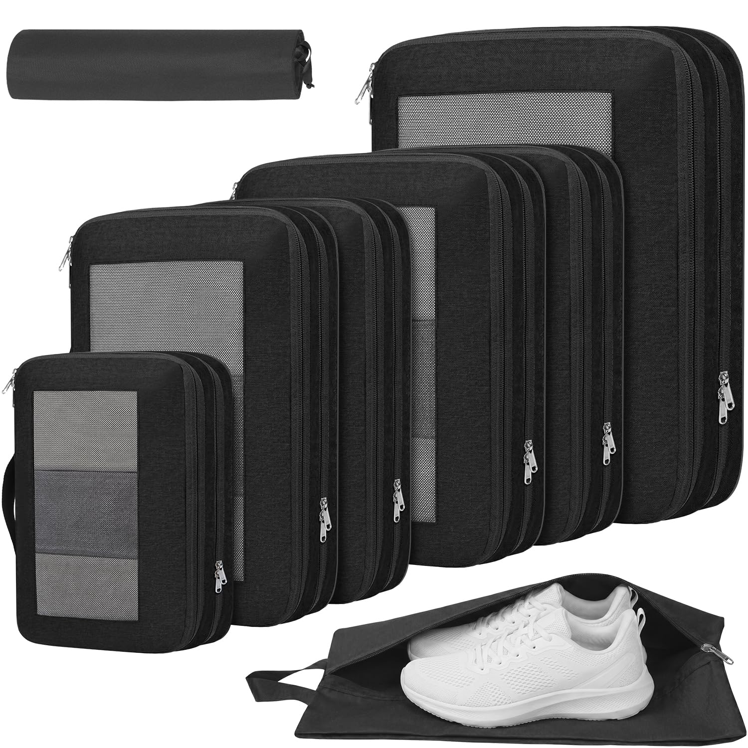 Set de 8 cubos de almacenamiento con compresión extra fuerte, bolsas espaciosas de malla transpirable y nailon, aptas para guardar ropa y zapatos en casa o de viaje, Negro