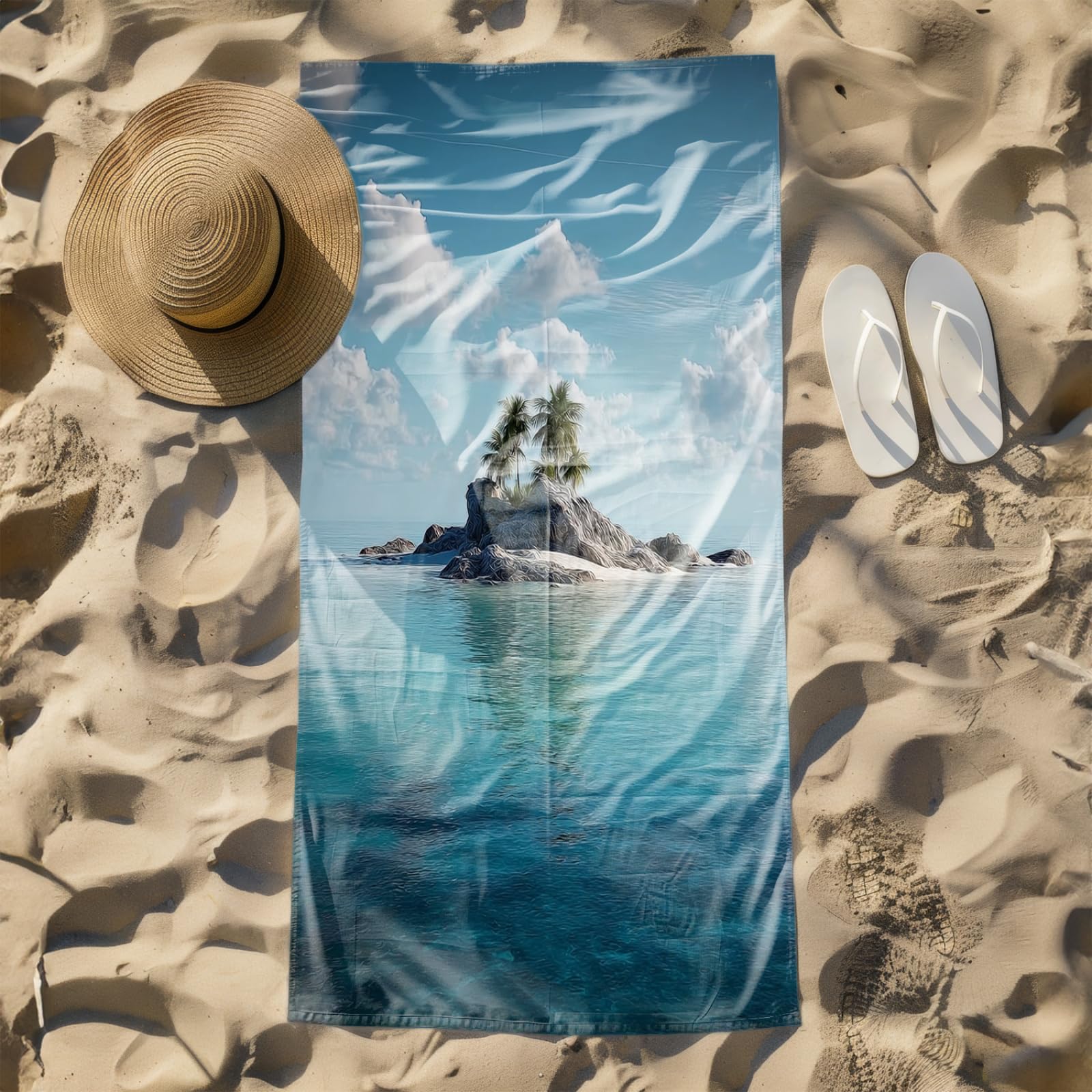 Telo Mare Microfibra 210x230 Isola Grigia Telo Spiaggia Grande Antisabbia,XXL Asciugamano Mare, Asciugatura Rapida, Stuoia Spiaggia Leggero E Portatile