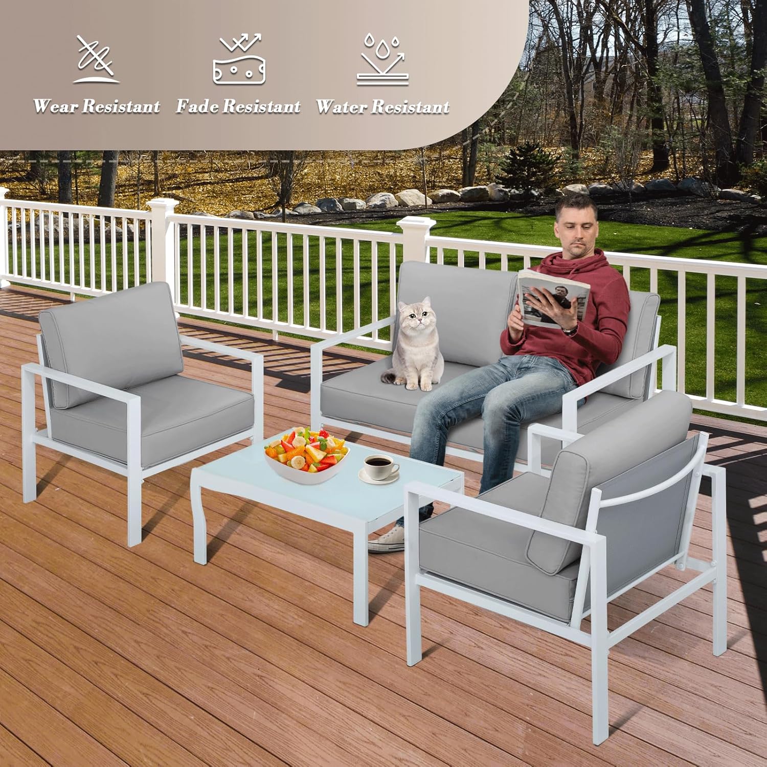 Athena Collection 4 Pieces Outdoor Patio Furniture Set, Metal Outdoor Table and Chairs Loveseat with Cushion, Patio Sofa Conversation Set Balcony Furniture for Garden, Porch, Backyard, Grey