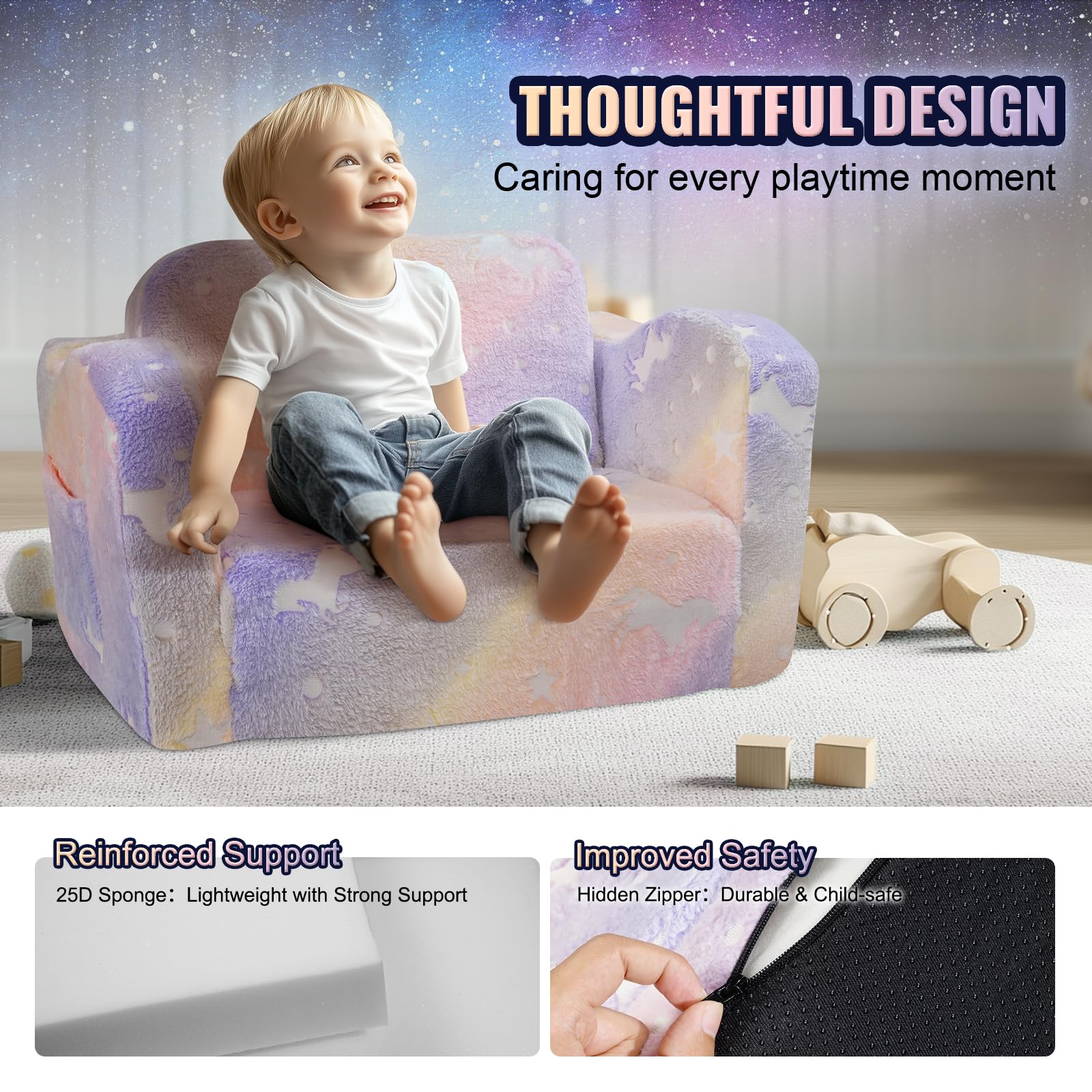 VEVOR Seggiolone Pieghevole 2 in 1, Divano Letto per Bambini Comodo, Divano Schiuma 25D Convertibile, Mobili da Sala Giochi per Bambini Arcobaleno