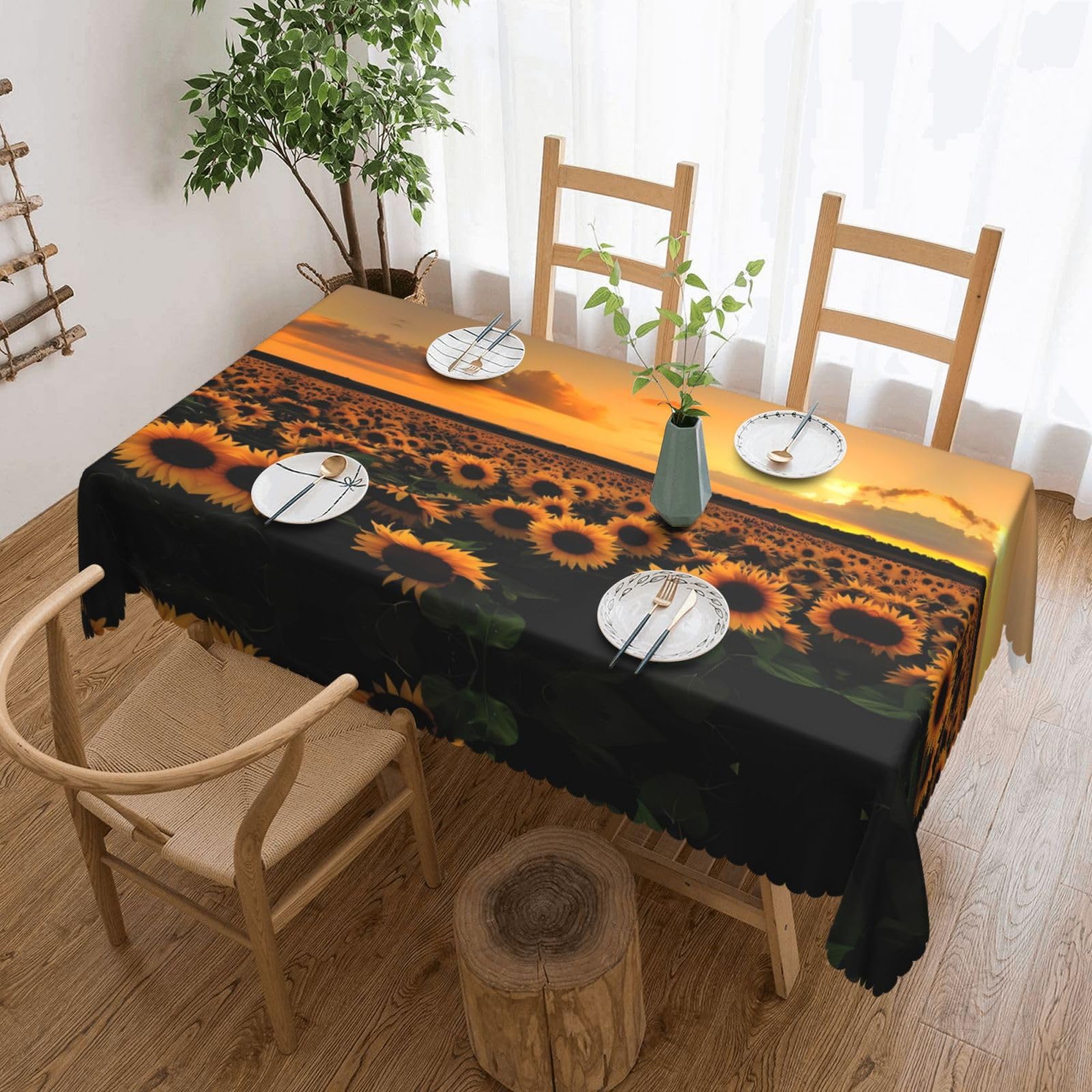 HLSBSSL Sunflower and sunset (1) Patterned square lace tablecloth, wrinkle-resistant and durable, suitable for dining tables, parties, etc.