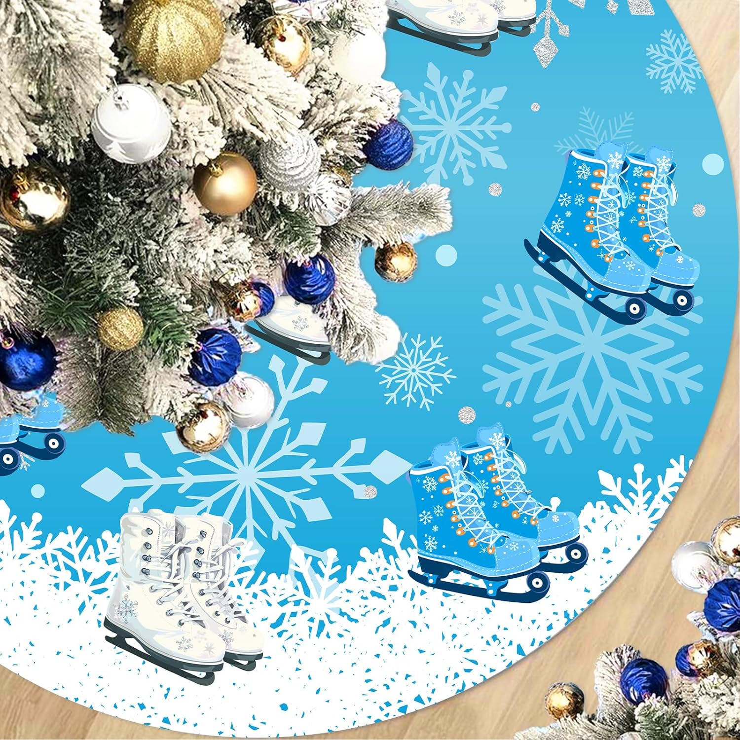 Ice Skating Theme Christmas Tree Skirt, Blue and White Xmas Snowflake Tree Mat for Winter Holiday New Year Snow Sports Party Decorations, Skating Decor for Tree Home Office School Classroom