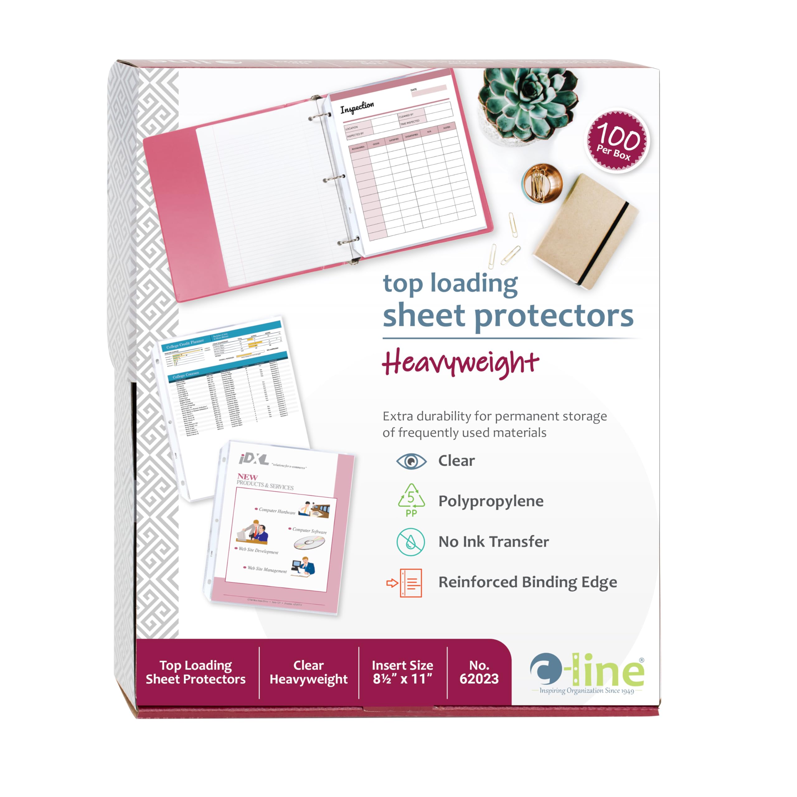 C-Line Top Loading Heavyweight Poly Sheet Protectors, Clear, 8.5 x 11 Inches, 100 per Box (62023)