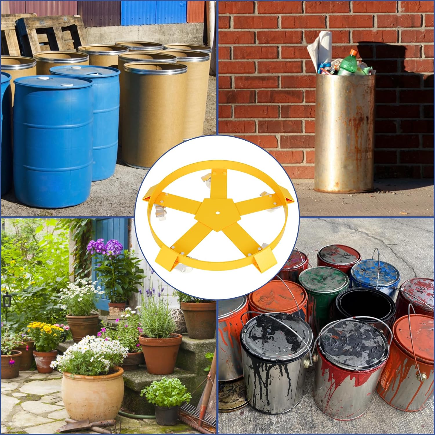 Extra Heavy Duty 55 Gallon Drum Dolly, 1250 Capacity Barrel Dolly Cart Drum Caddy with 5 Swivel Wheels & Steel Frame, Trash CanDolly Non-Tipping Hand, Yellow