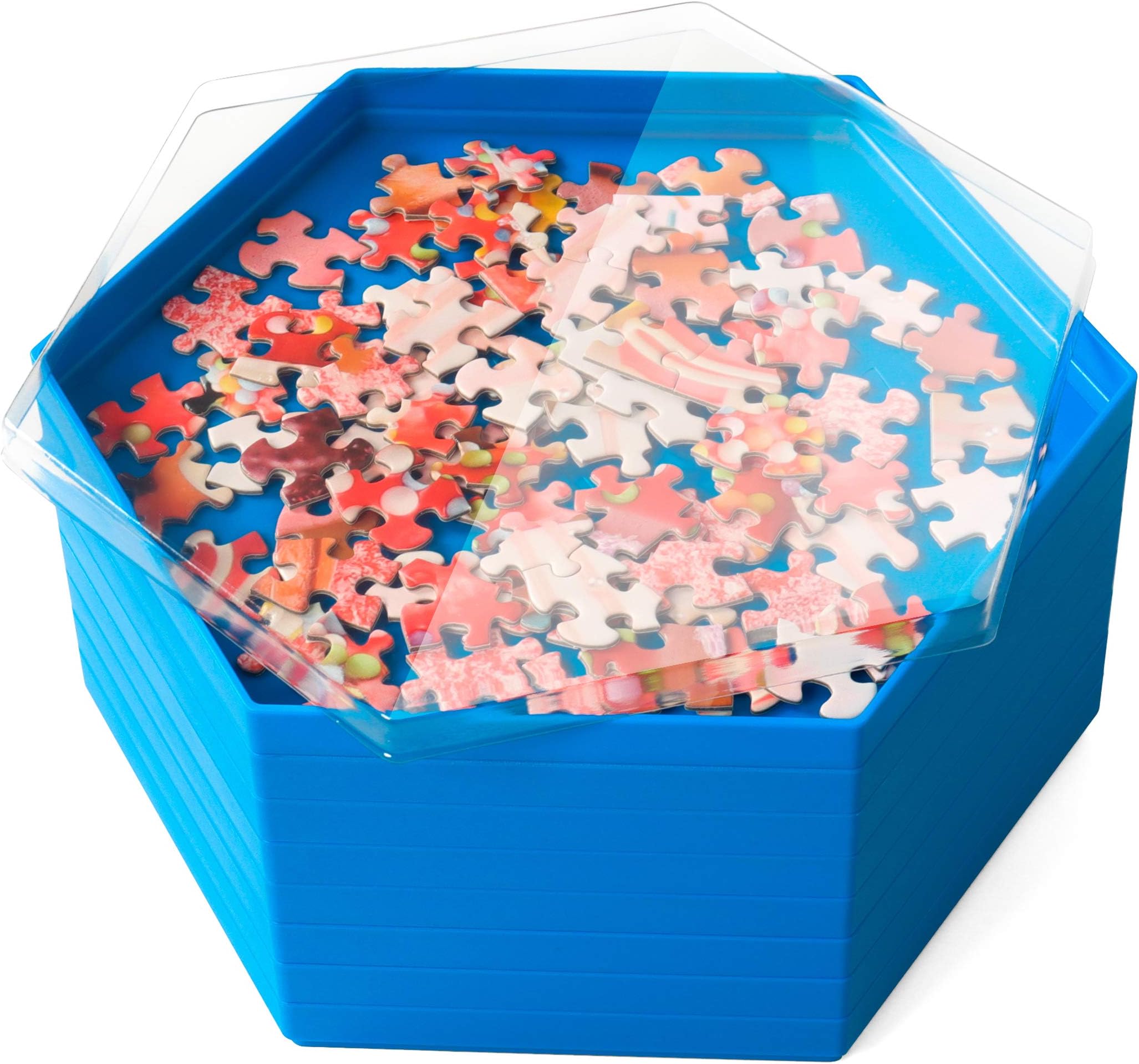 Becko Stackable Puzzle Sorting Trays Jigsaw Puzzle Sorters with Lid Puzzle Accessory for Puzzles Up to 1500 Pieces, 8 Hexagonal Trays (Blue)