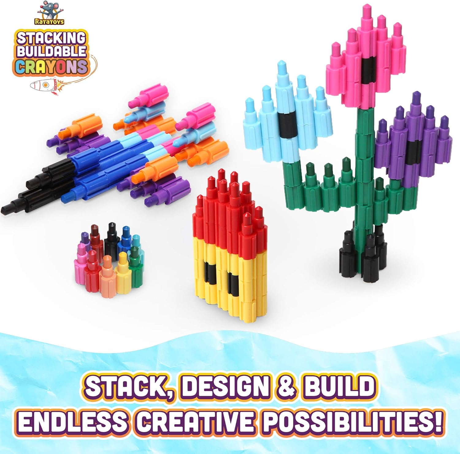 Stacking Crayons, 15 pc Set, Buildable and Stackable for Drawing, Coloring, or Arts and Crafts, Large Preschool Friendly Connect Pieces, Party Favor and Classroom Fun