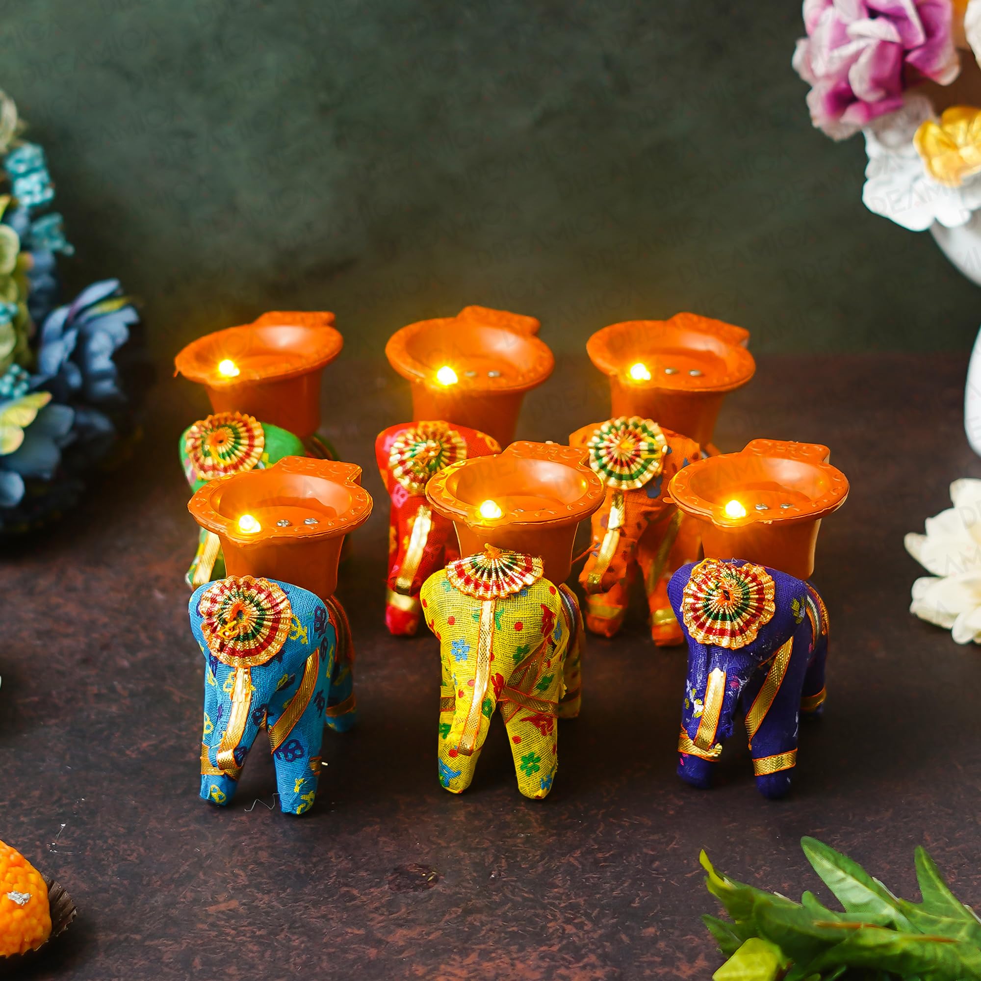 Dreamica Set of 6 Elephant Tealight Candle Holders with Water Sensor Diya – Traditional Decorative Tealight Holder for Diwali, Puja, Home Decoration, Festivals & Gifting-image-18