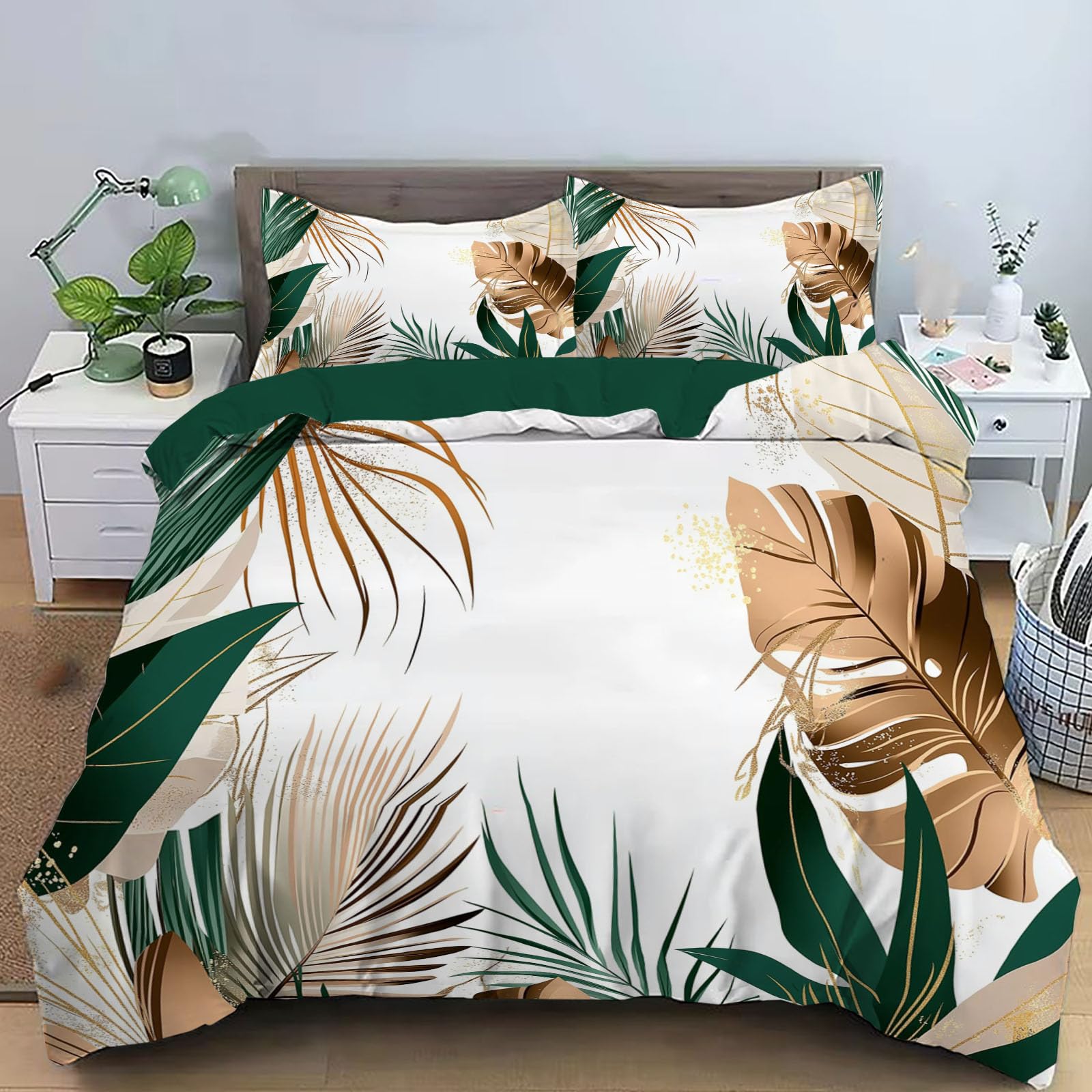 Housse de couette 220x240cm en microfibre blanche et verte motif palmier