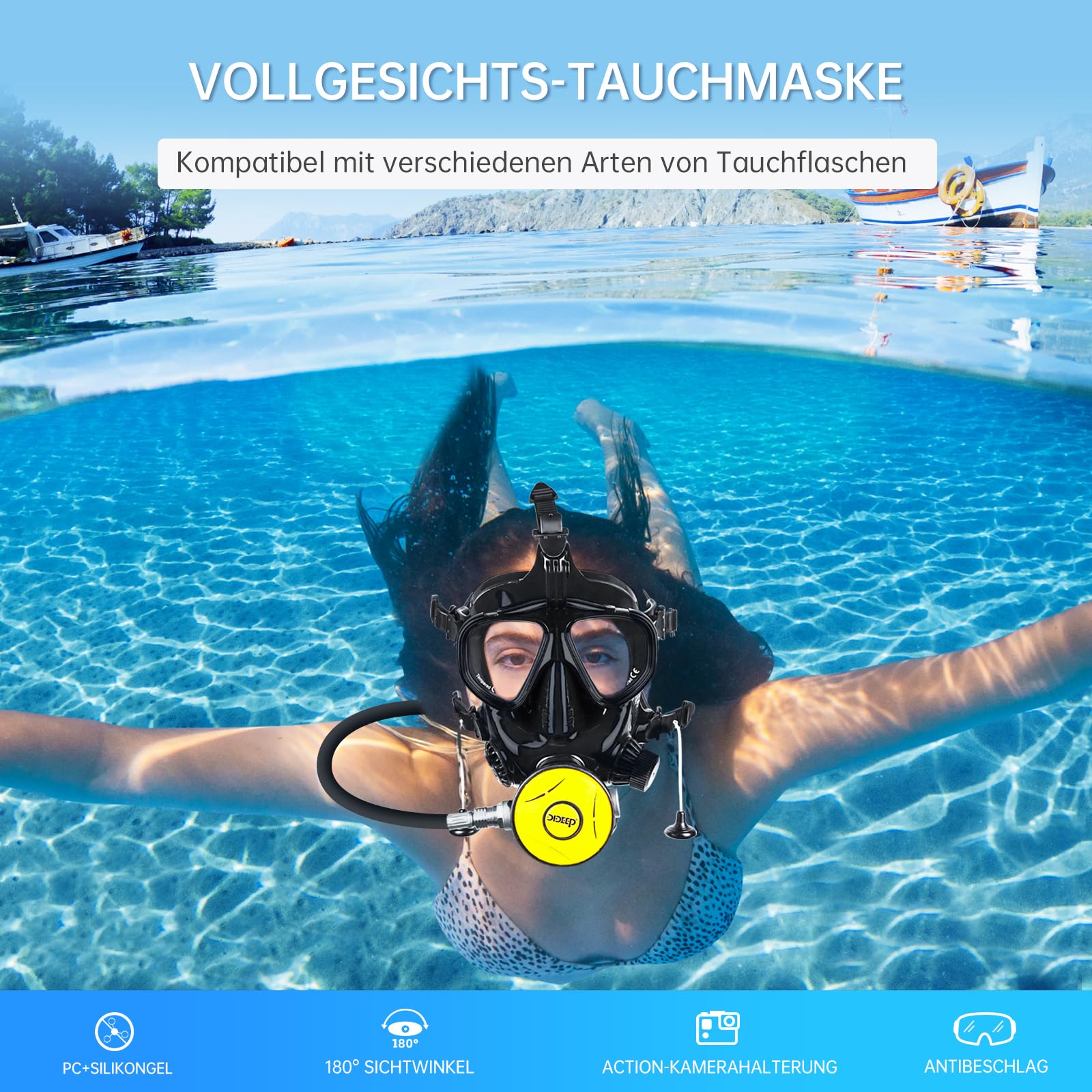 DIDEEP Vollgesichts-Tauchmaske, Schnorchelmaske verstellbar aus Silikon für Erwachsene, Scuba-Maske mit Kamerahalterung, 180°Panoramablick zum Tauchen und Schnorcheln
