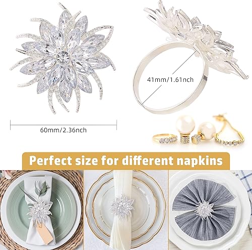 Miniatura 2 de ZeeDix Juego de 6 Servilleteros de Navidad con Flores, Servilletero de Plata Elegante con Rinstones de Loto, Hebilla para Servilletas para Boda,