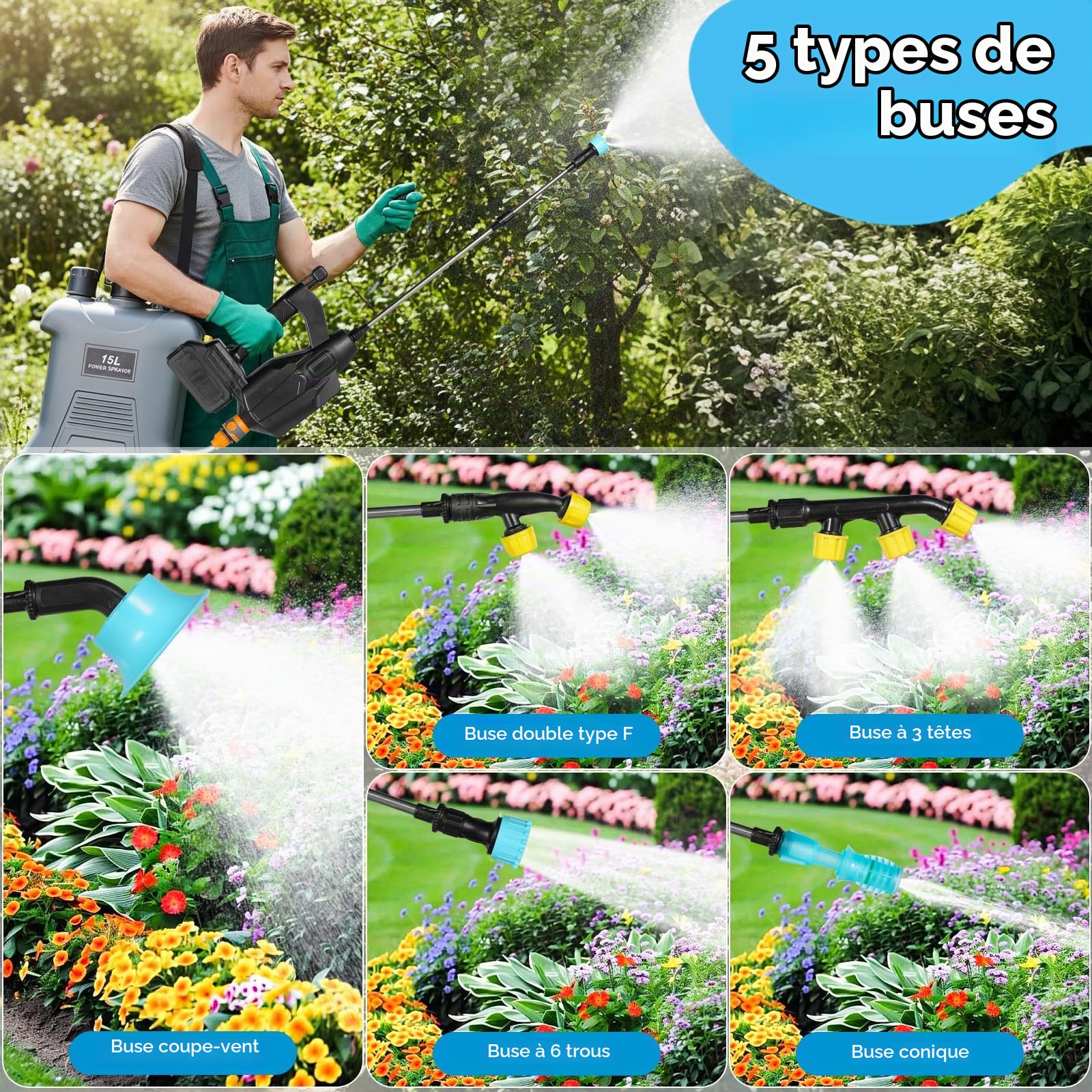 Pulvérisateur Électrique à Batterie 15L sur Roues, Pulvérisateur de Jardin à Dos Compatible avec Batterie 18V, 3 Vitesses de Pression, Lance Télescopique en INOX pour Désinfection et Arrosage
