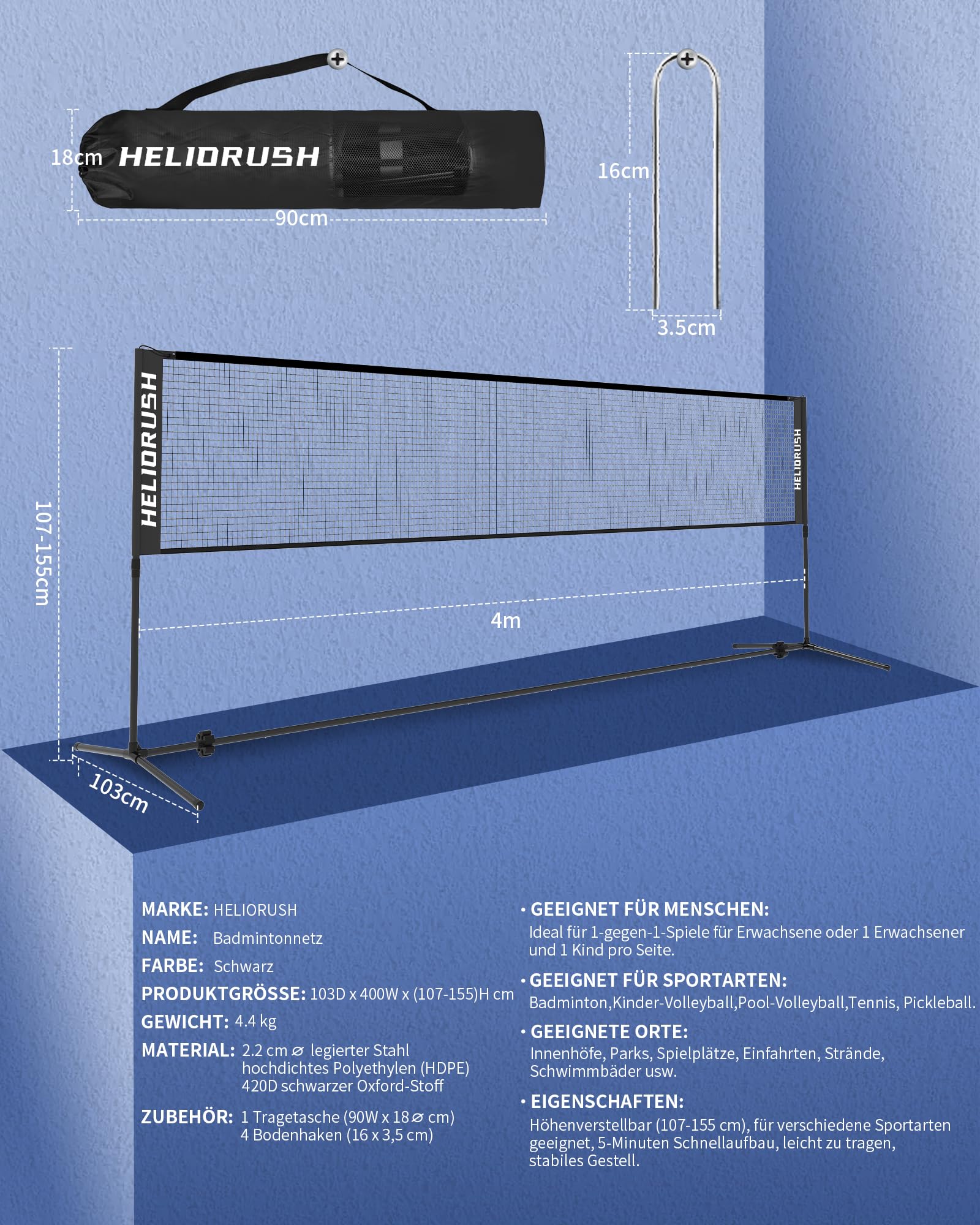 Badmintonnetz Outdoor Höhenverstellbar, 3/4/5m Tragbares Volleyball Netz für Garten mit Stabiler Stahlrahmen & HDPE Netz, Federballnetz für Garten, Pool, Strand, Tennis, Kinder & Erwachsene