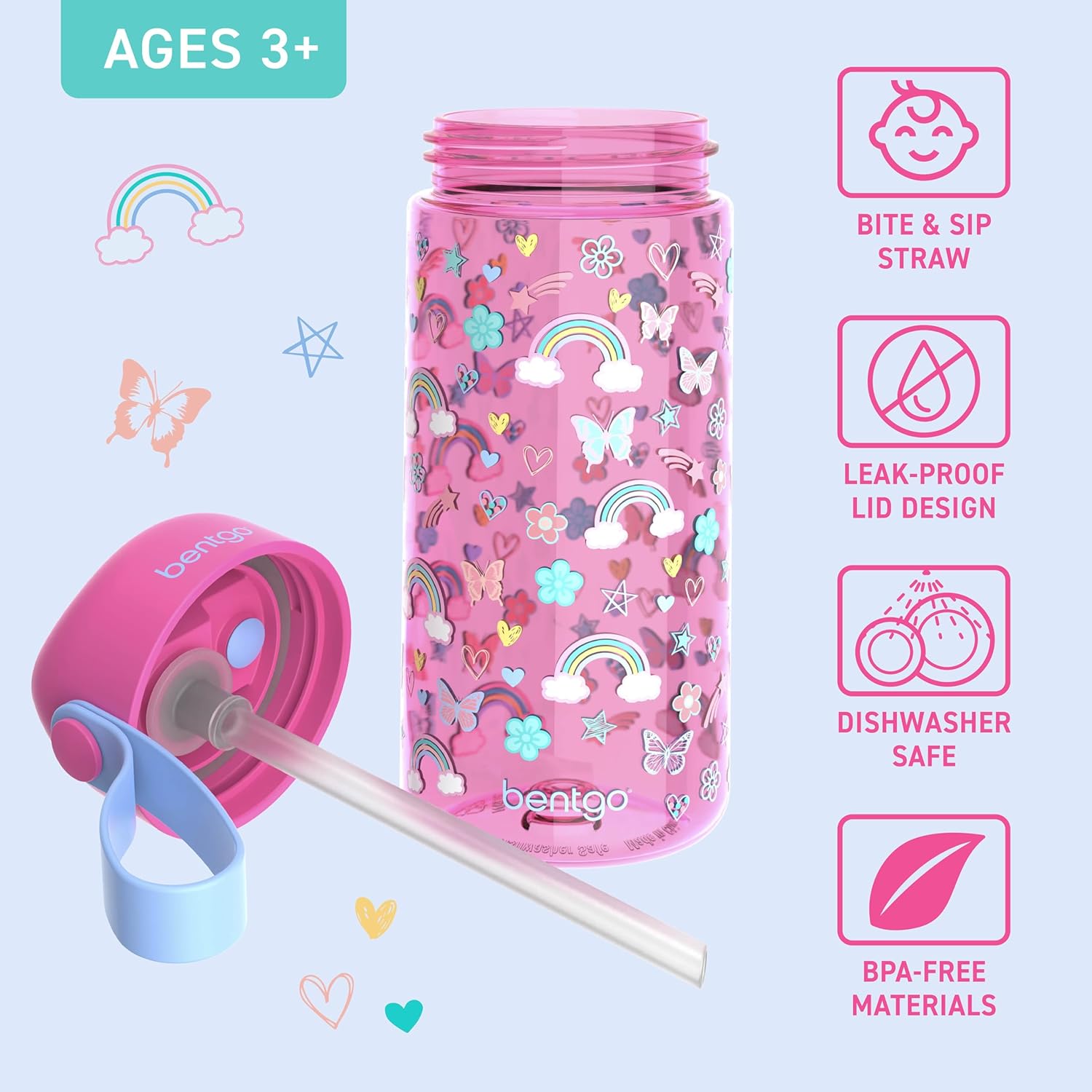 Bentgo Kids Water Bottle - Leak-Proof, Durable Tritan BPA-Free 15 oz Cup for Kids/Toddlers Ages 3+; Bite & Sip Spout, Carrying Handle & Dishwasher Safe for School & Sports (Rainbows & Butterflies) - Image 3
