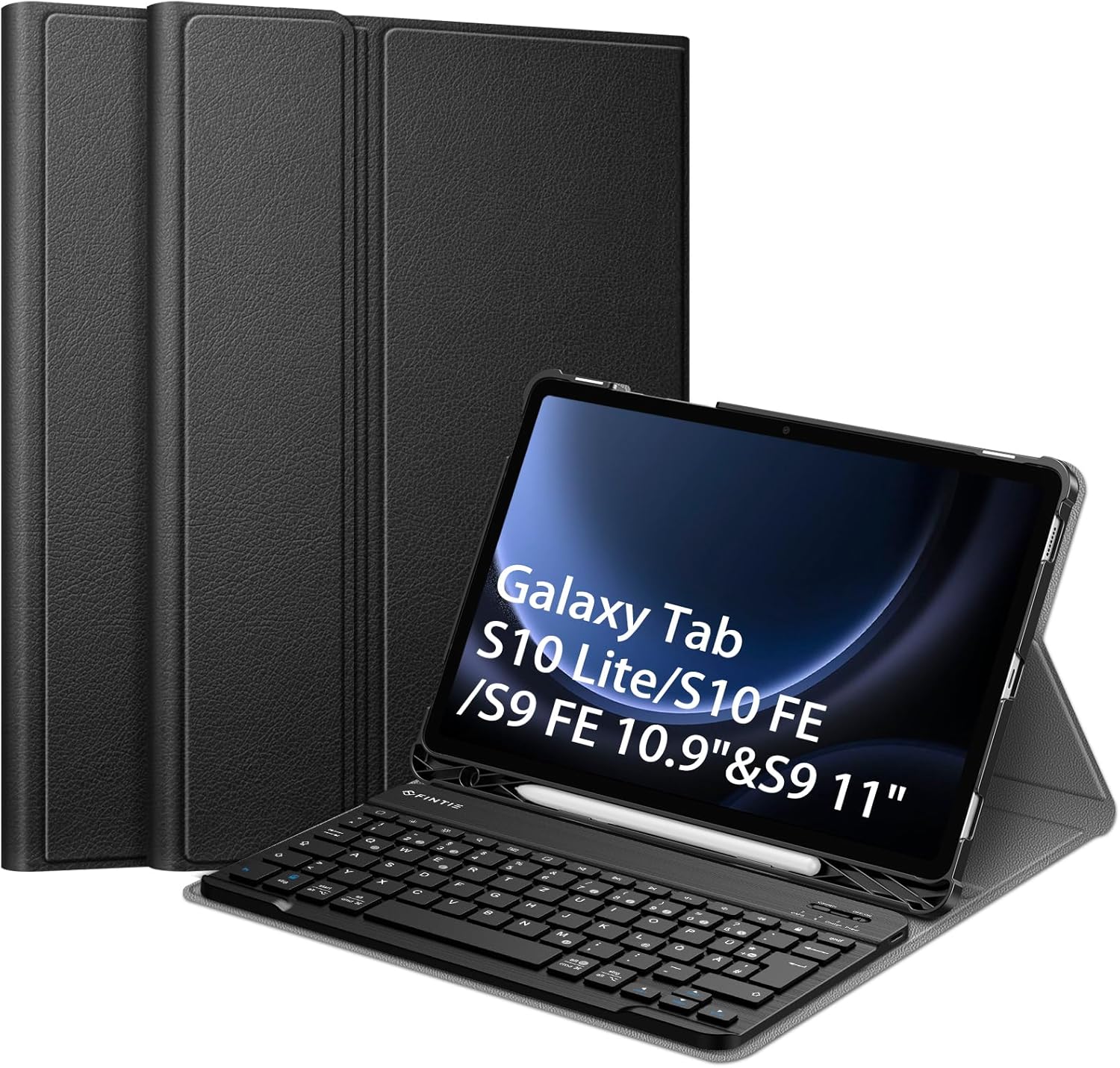 FINTIE Keyboard Case with Samsung Galaxy Tab inserted and keyboard attached.