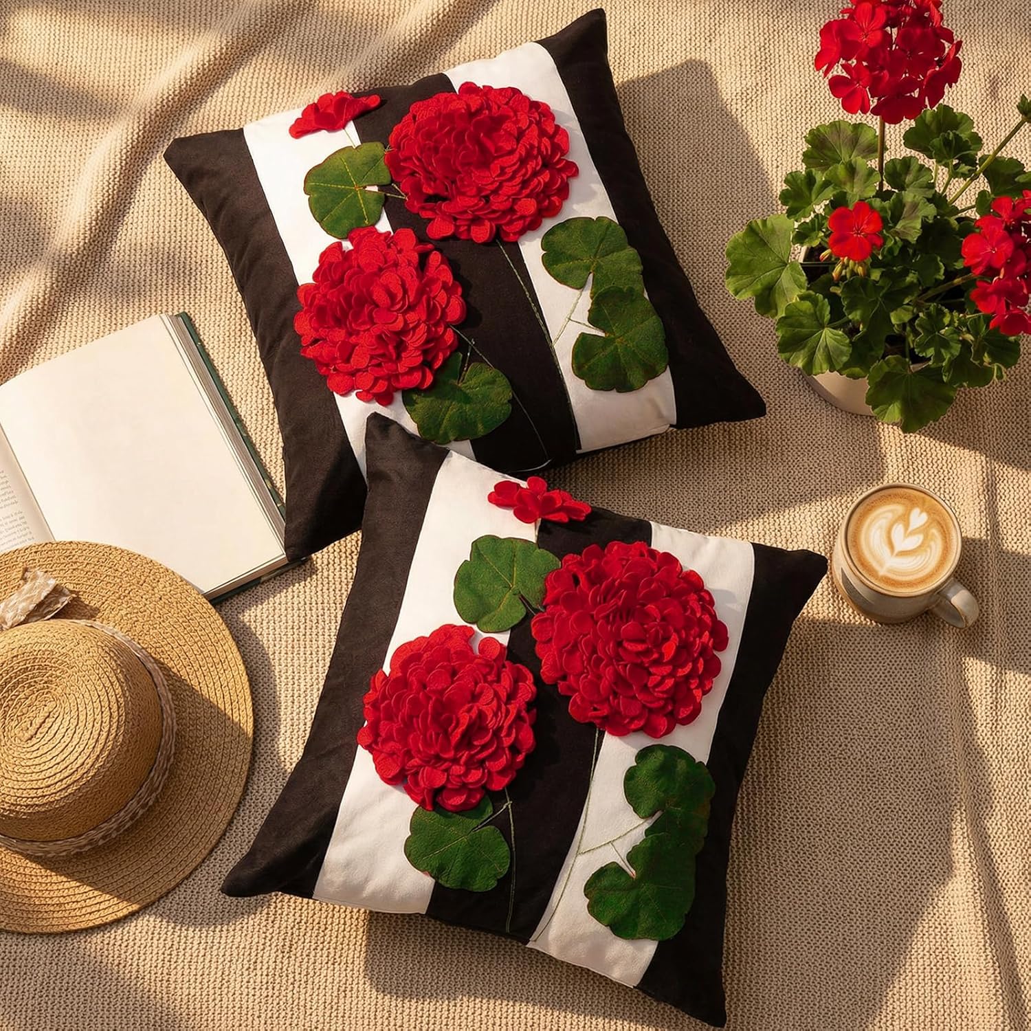 Boao 2 Pcs 3D Red Geranium Throw Pillow Covers 18 x 18 Inch Decorative Flower Bloom Spring Summer Cushion Pillow Case Decor Black and White Stripe for Home Bed Sofa Housewarming Gift