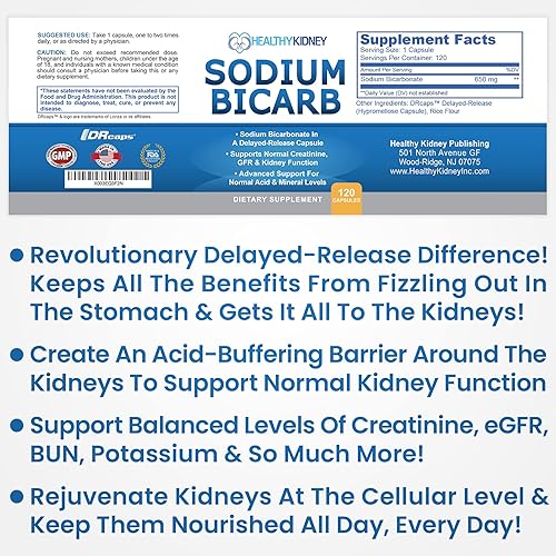 Miniatura 2 de Bicarbonato de sodio 650 mg Cápsulas de liberación retardada para apoyar la función renal normal y suplemento de salud renal. Bicarbonato de sodio