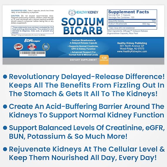 Sodium Bicarbonate 650mg Capsules Delayed Release for Supporting Normal Kidney Function & Kidney Health Supplement. Sodium Bicarbonate Designed for Kidney Support, Acid Relief, Alkalinity 120 Pills