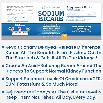 Sodium Bicarbonate 650mg Capsules Delayed Release for Supporting Normal Kidney Function & Kidney Health Supplement. Sodium Bicarbonate Designed for Kidney Support, Acid Relief, Alkalinity 120 Pills