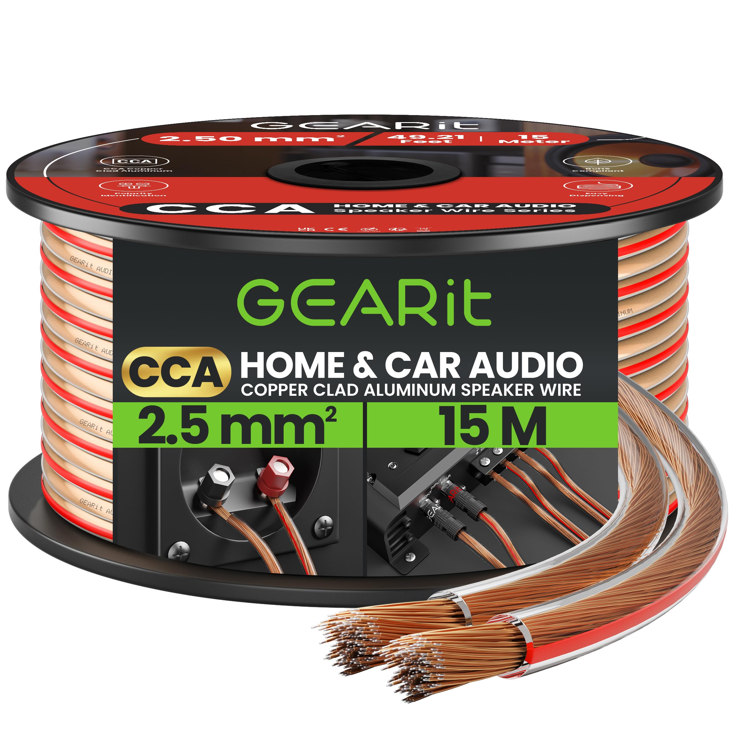 Cable de altavoz CCA 14 AWG de 15m con cubierta transparente para audio de coche 8